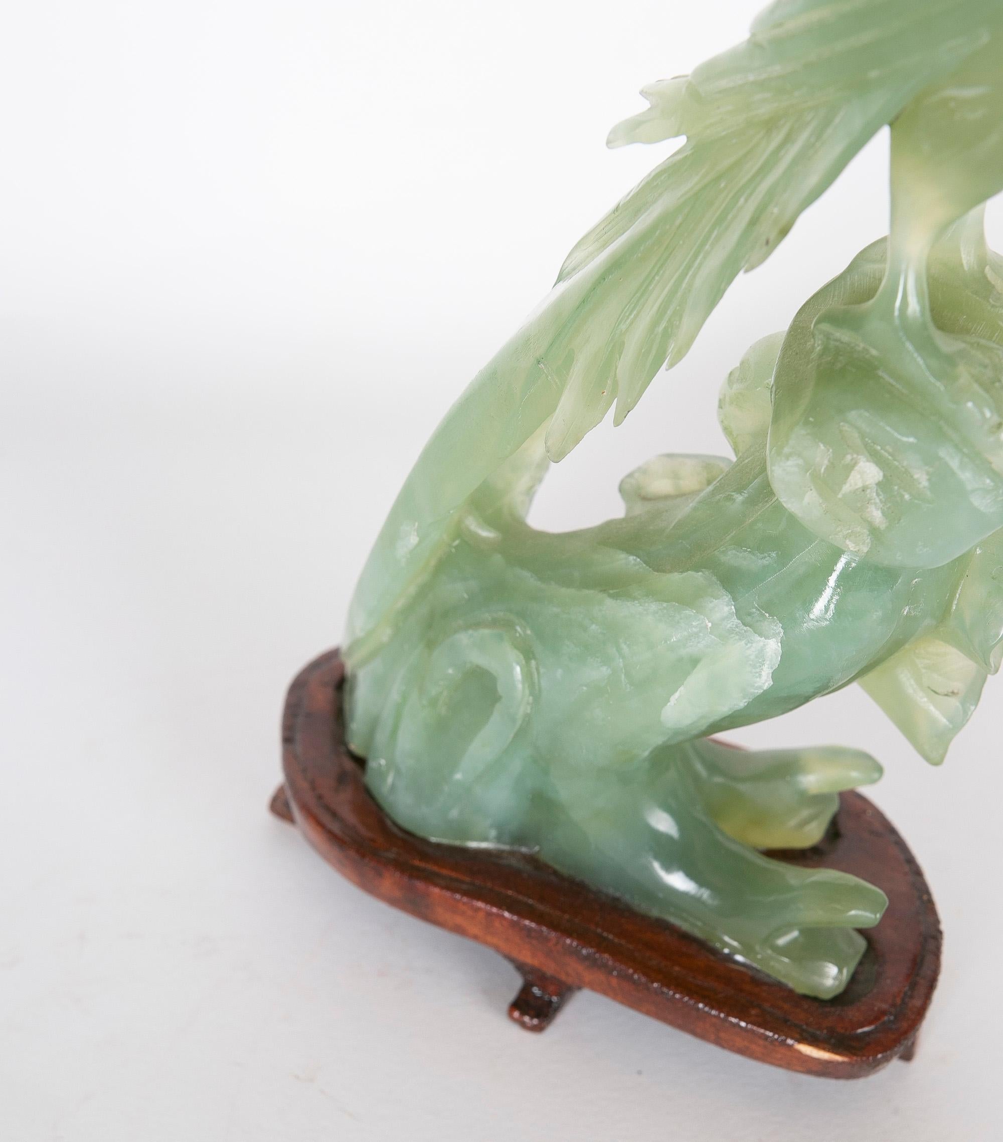 Jadeite Bird Figurine on Hand-Carved Trunk and Wooden Base For Sale 5