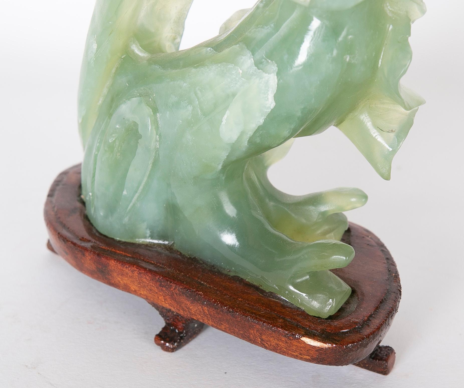 Jadeite Bird Figurine on Hand-Carved Trunk and Wooden Base For Sale 6