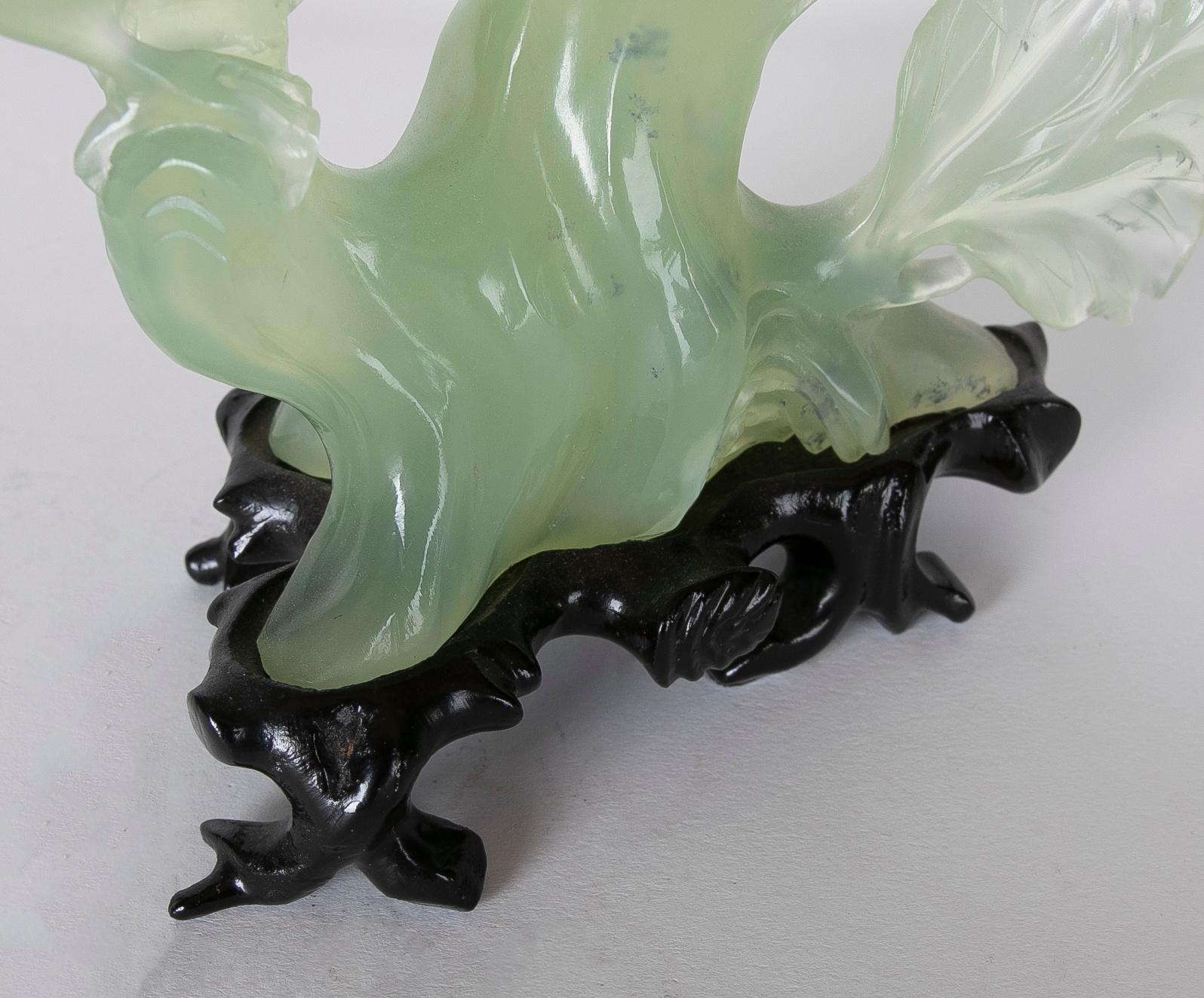Jadeite Bird Figurine on Hand-Carved Trunk and Wooden Base For Sale 7