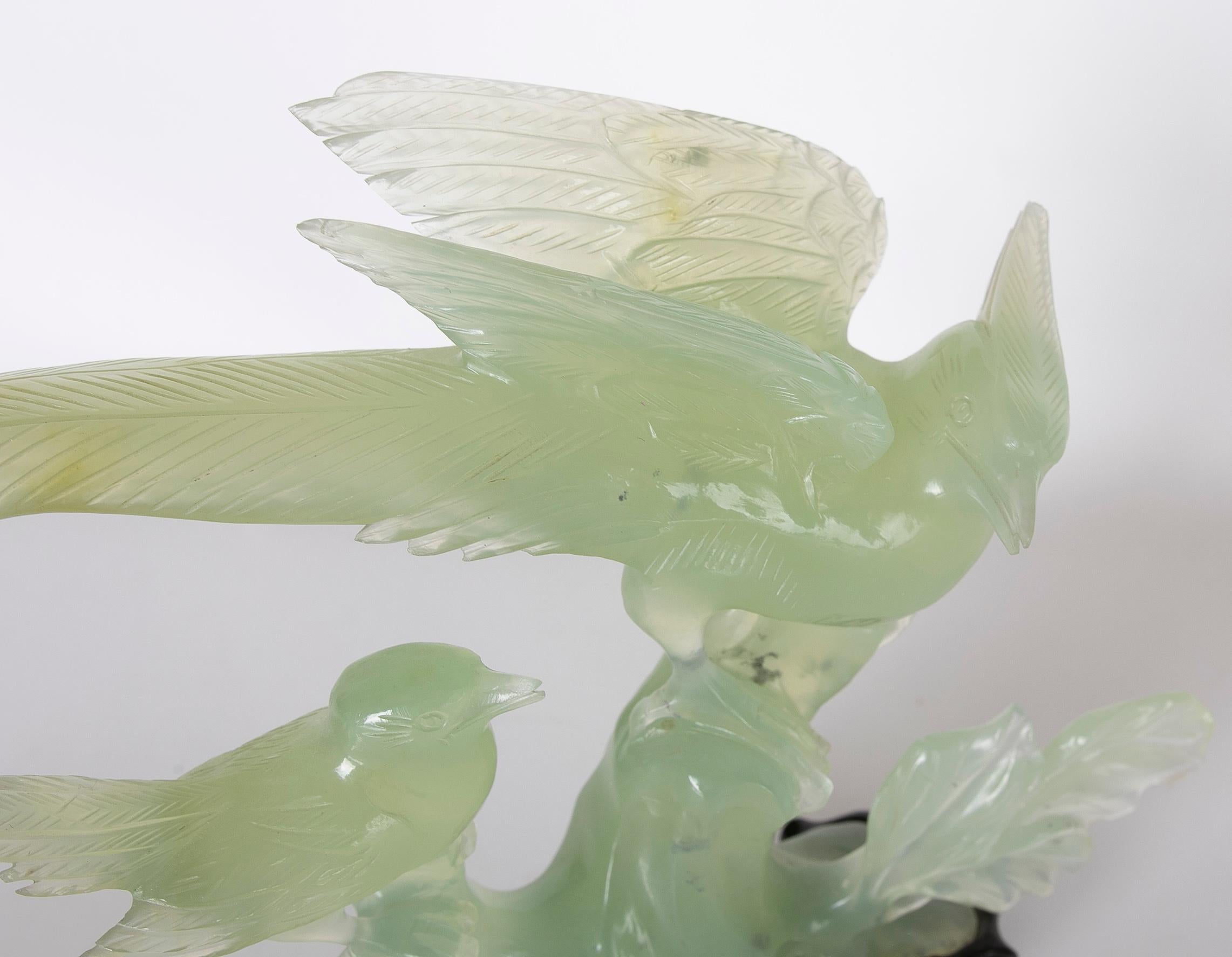 Jadeite Bird Figurine on Hand-Carved Trunk and Wooden Base For Sale 8
