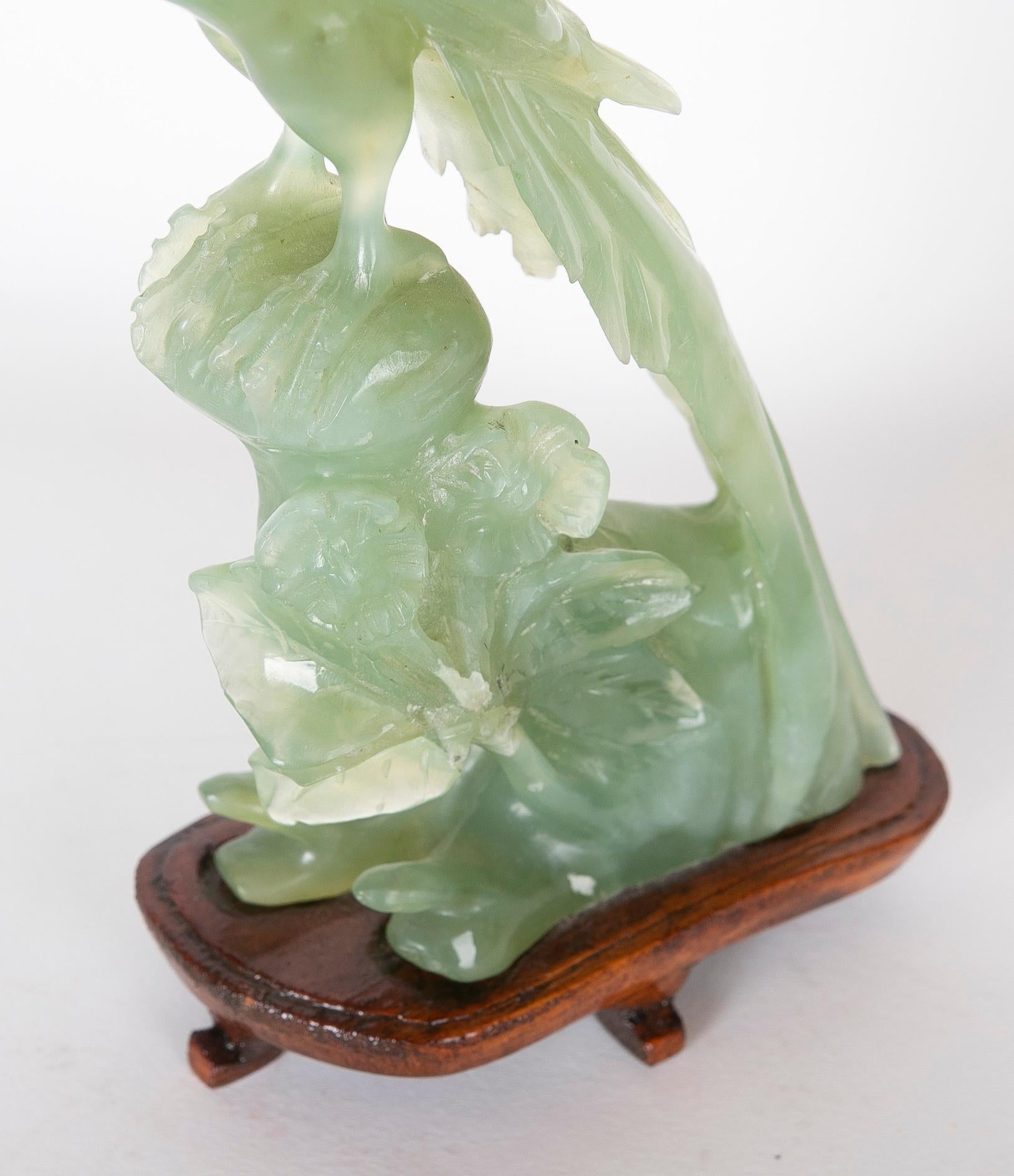 Jadeite Bird Figurine on Hand-Carved Trunk and Wooden Base For Sale 11