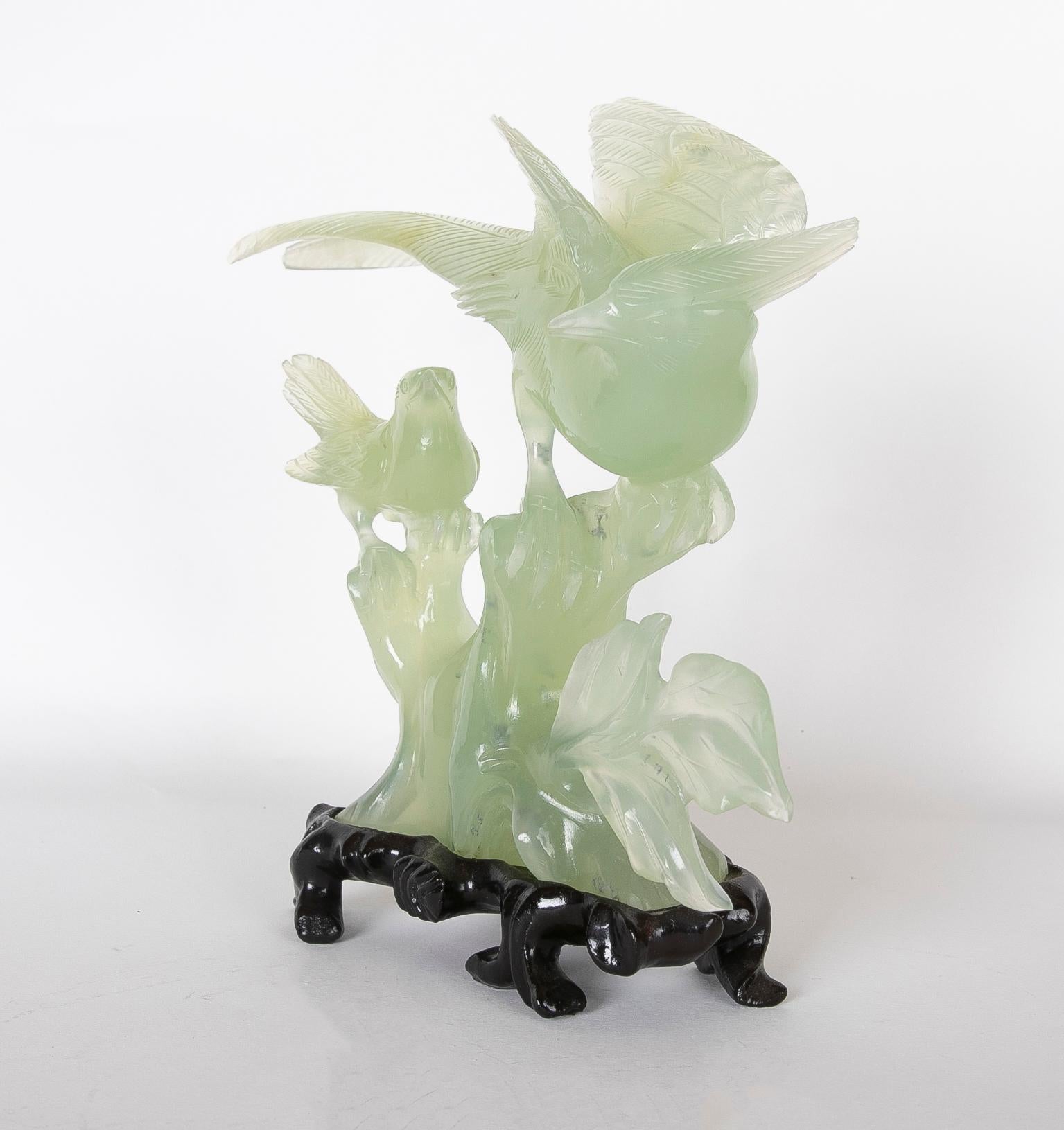 Asian Jadeite Bird Figurine on Hand-Carved Trunk and Wooden Base For Sale