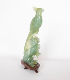 Jadeite Bird Figurine on Hand-Carved Trunk and Wooden Base