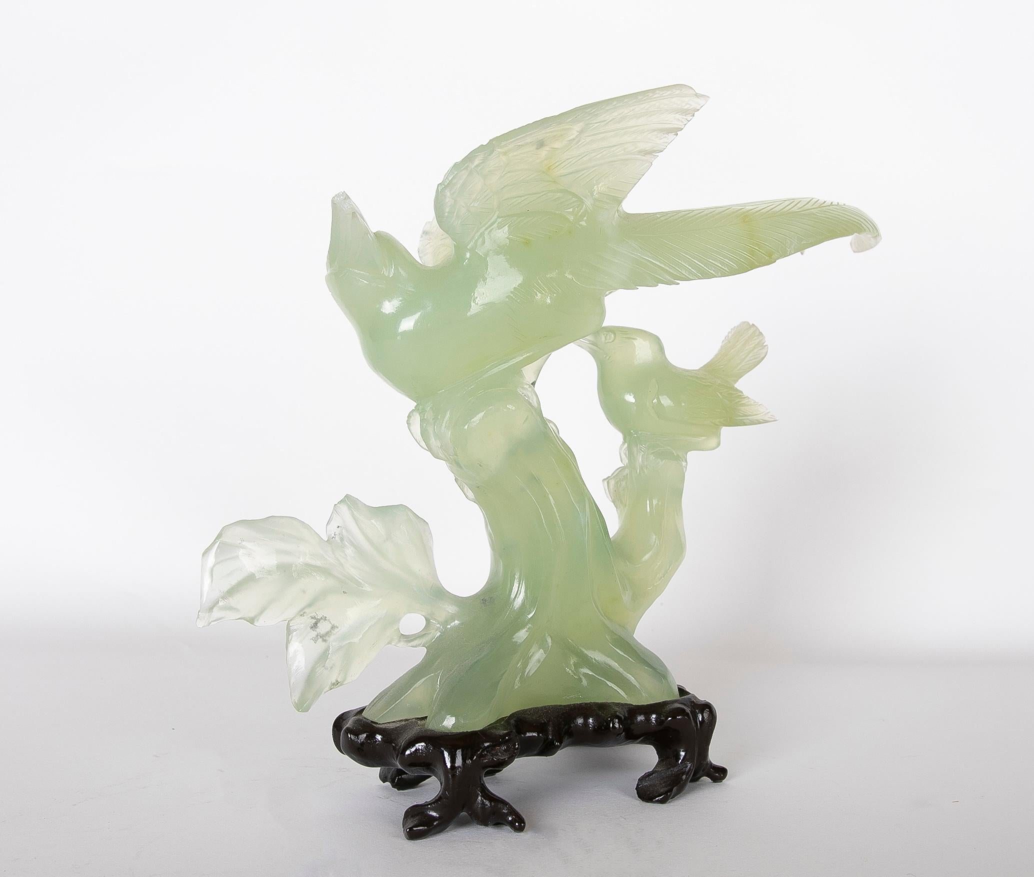 20th Century Jadeite Bird Figurine on Hand-Carved Trunk and Wooden Base For Sale