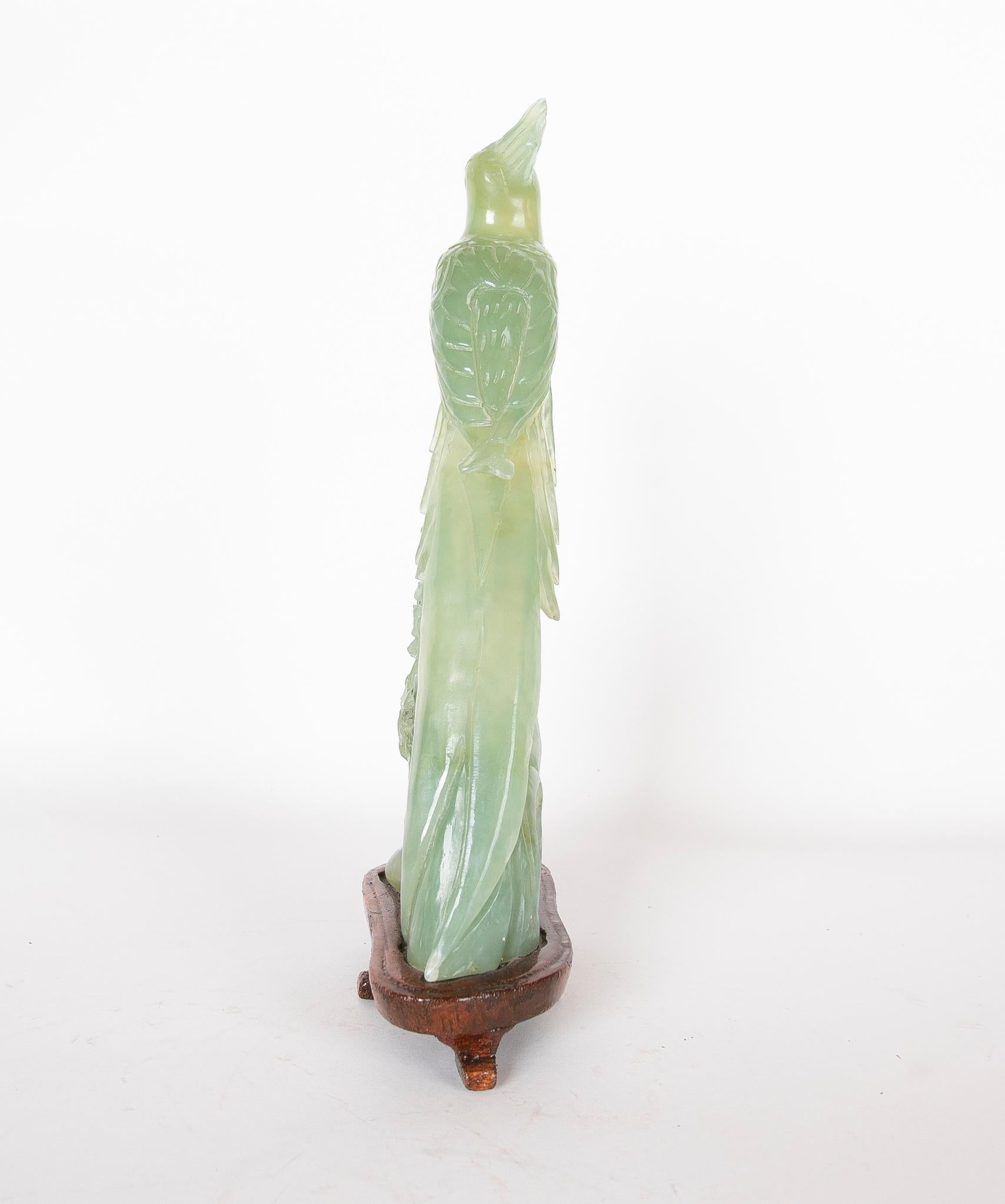 Jadeite Bird Figurine on Hand-Carved Trunk and Wooden Base For Sale 1