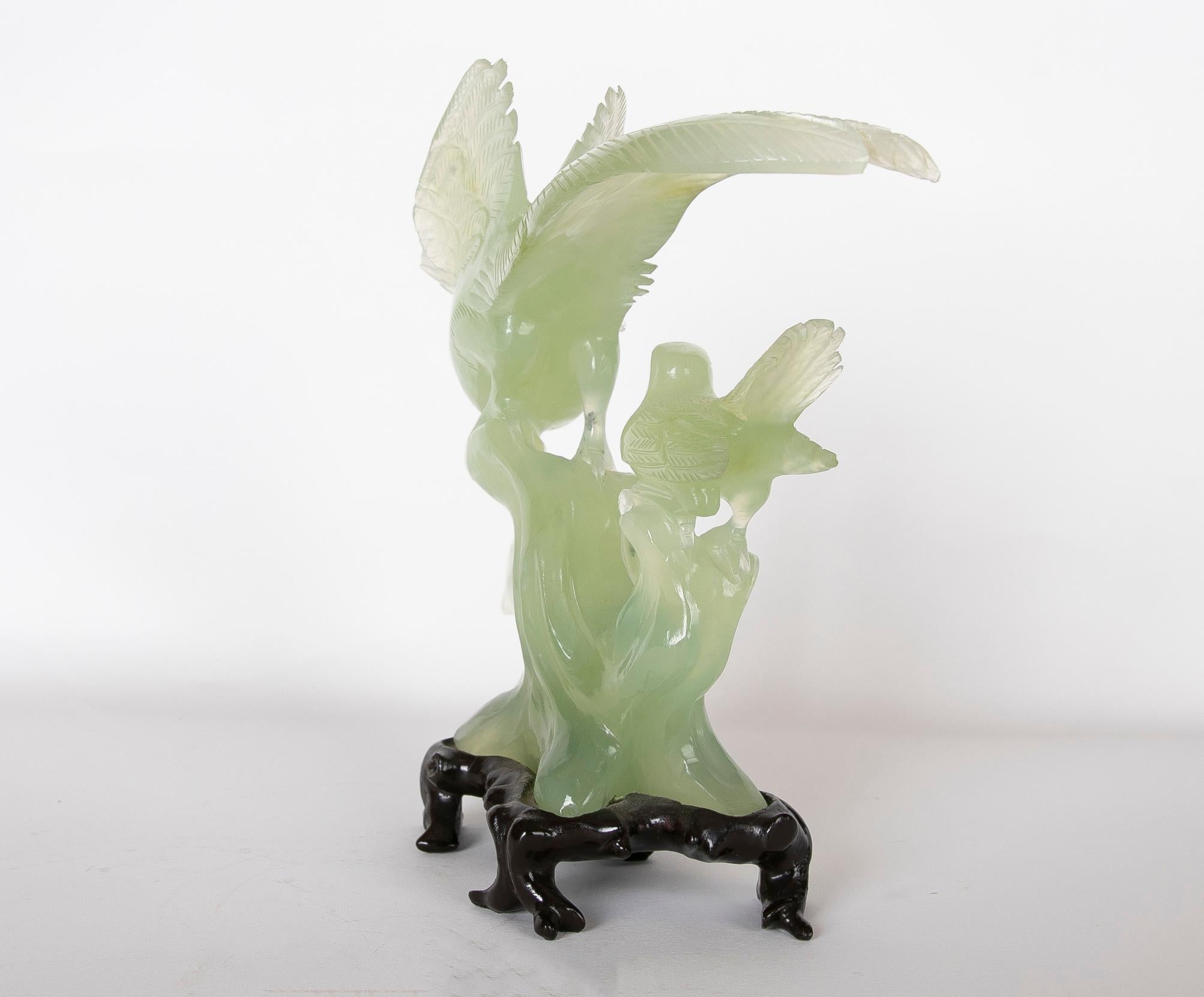 Jadeite Bird Figurine on Hand-Carved Trunk and Wooden Base For Sale 2