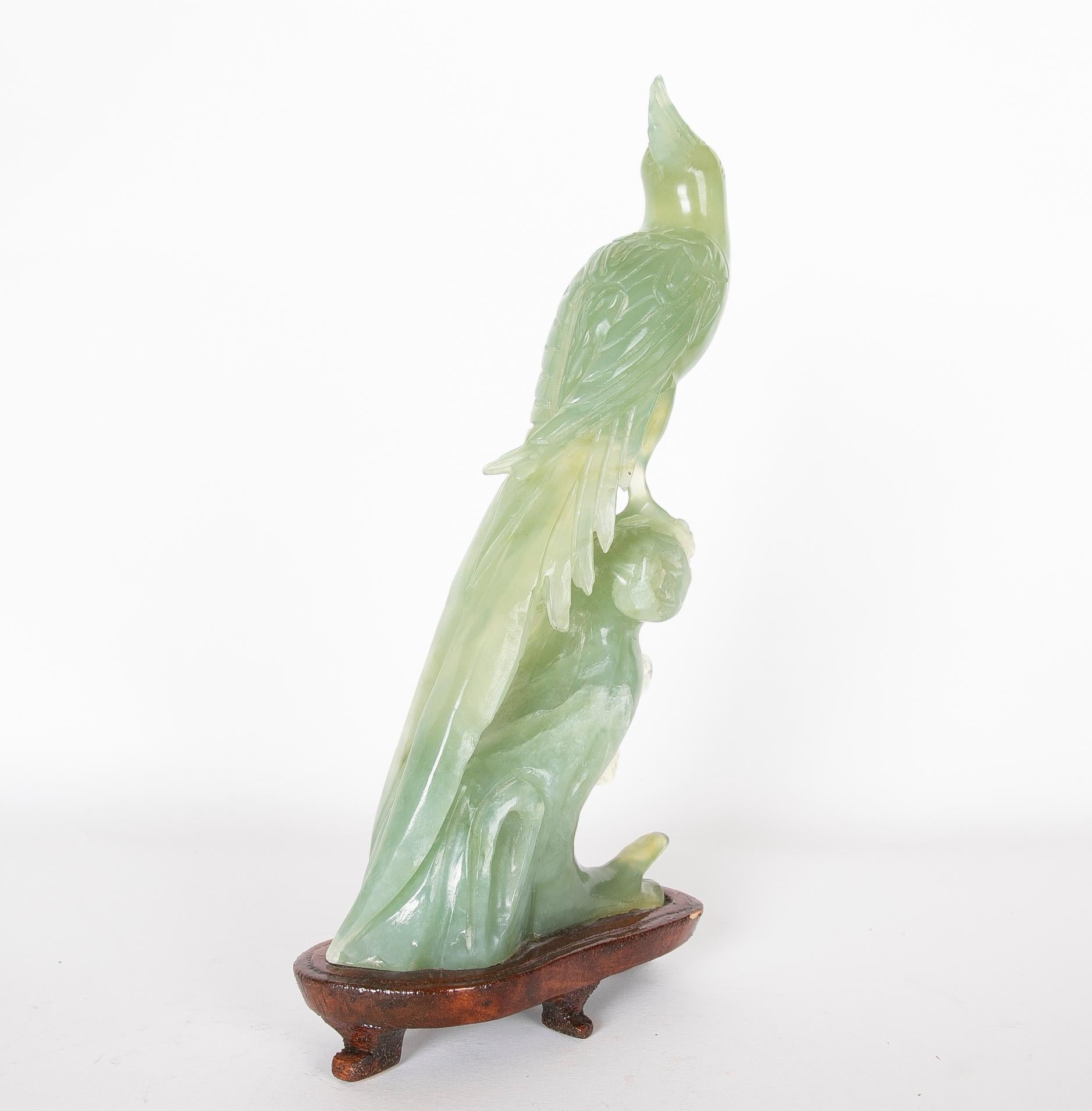 Jadeite Bird Figurine on Hand-Carved Trunk and Wooden Base For Sale 2