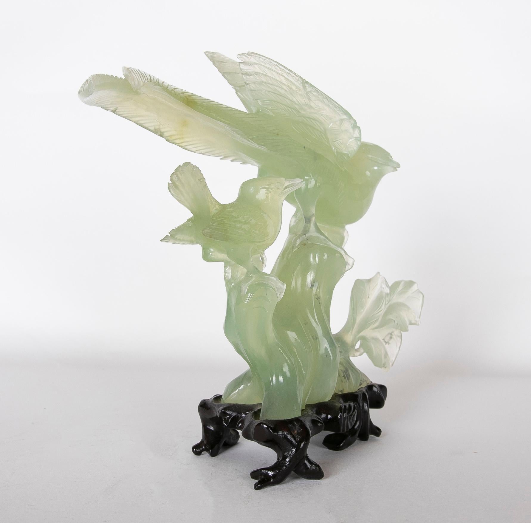 Jadeite Bird Figurine on Hand-Carved Trunk and Wooden Base For Sale 3