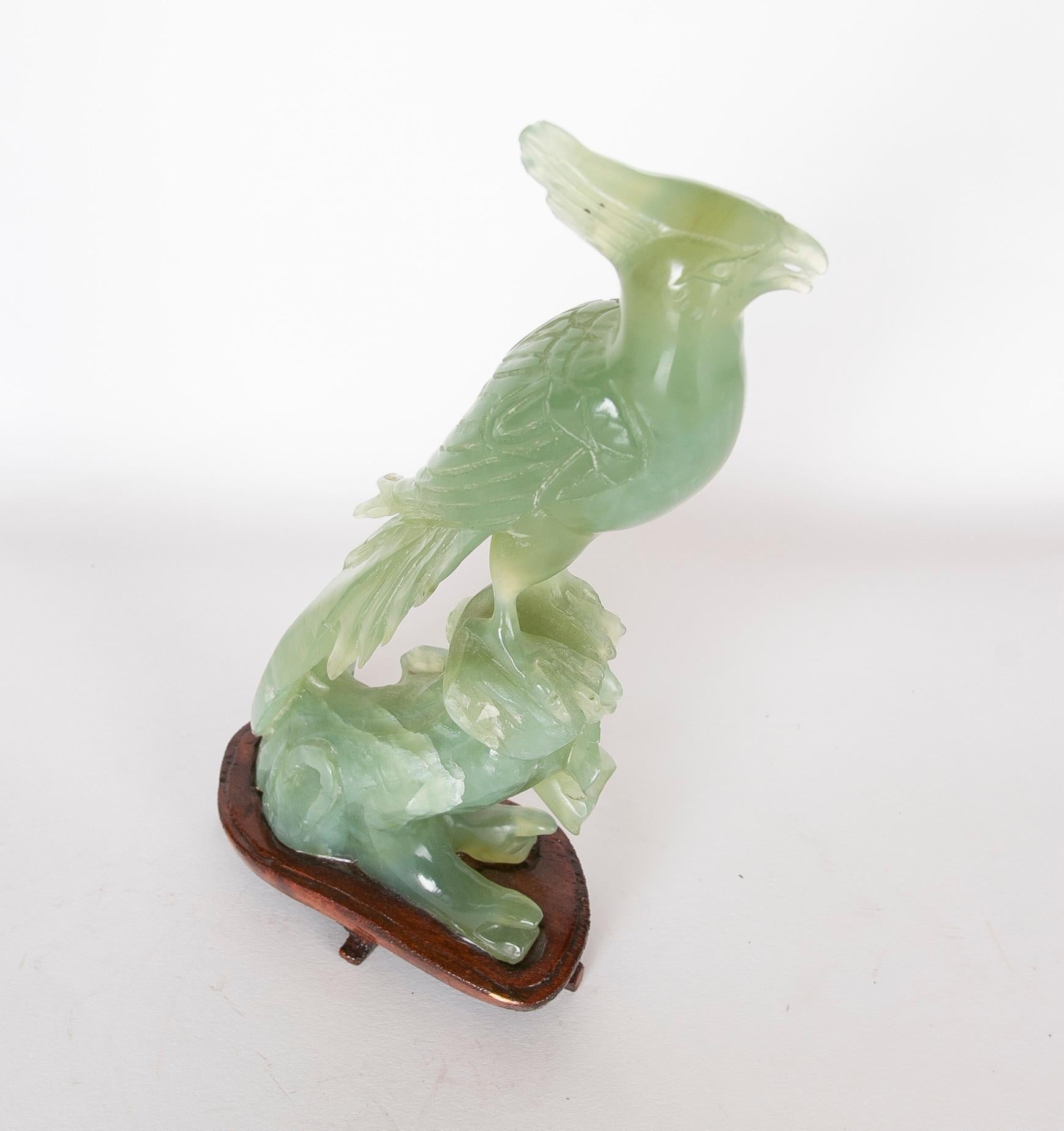 Jadeite Bird Figurine on Hand-Carved Trunk and Wooden Base For Sale 4