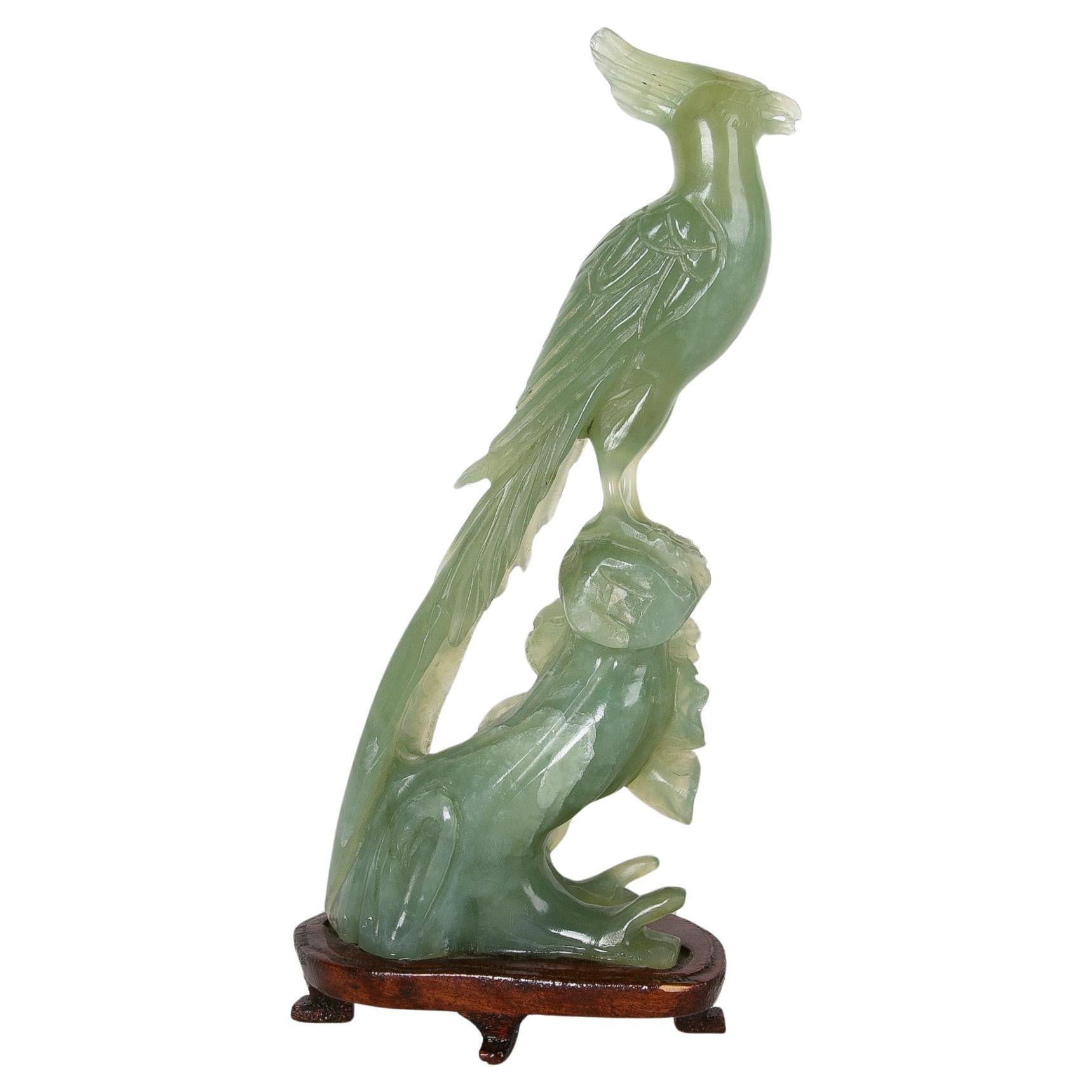 Jadeite Bird Figurine on Hand-Carved Trunk and Wooden Base For Sale