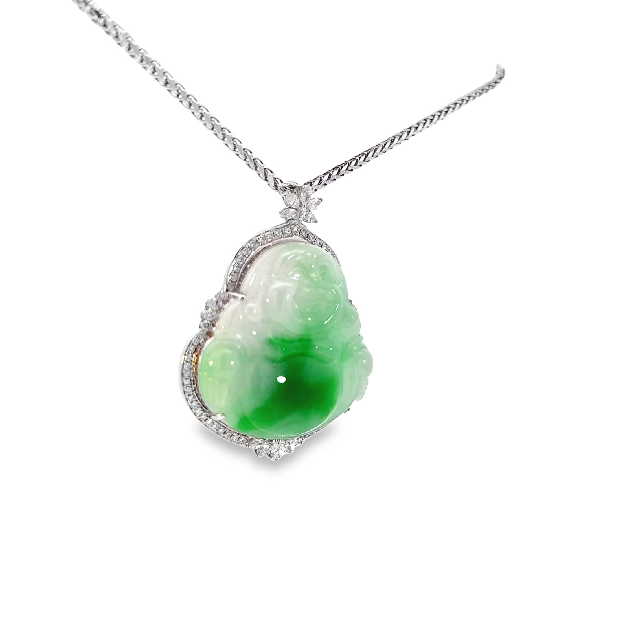 Item #9646

GIA Certified 
18K Jadeite Buddha with Diamonds
One (1) pierced carving set in a white metal pendant and bail with eight (8) near colorless marquise brilliants, two (2) near colorless pear brilliants and numerous near colorless round