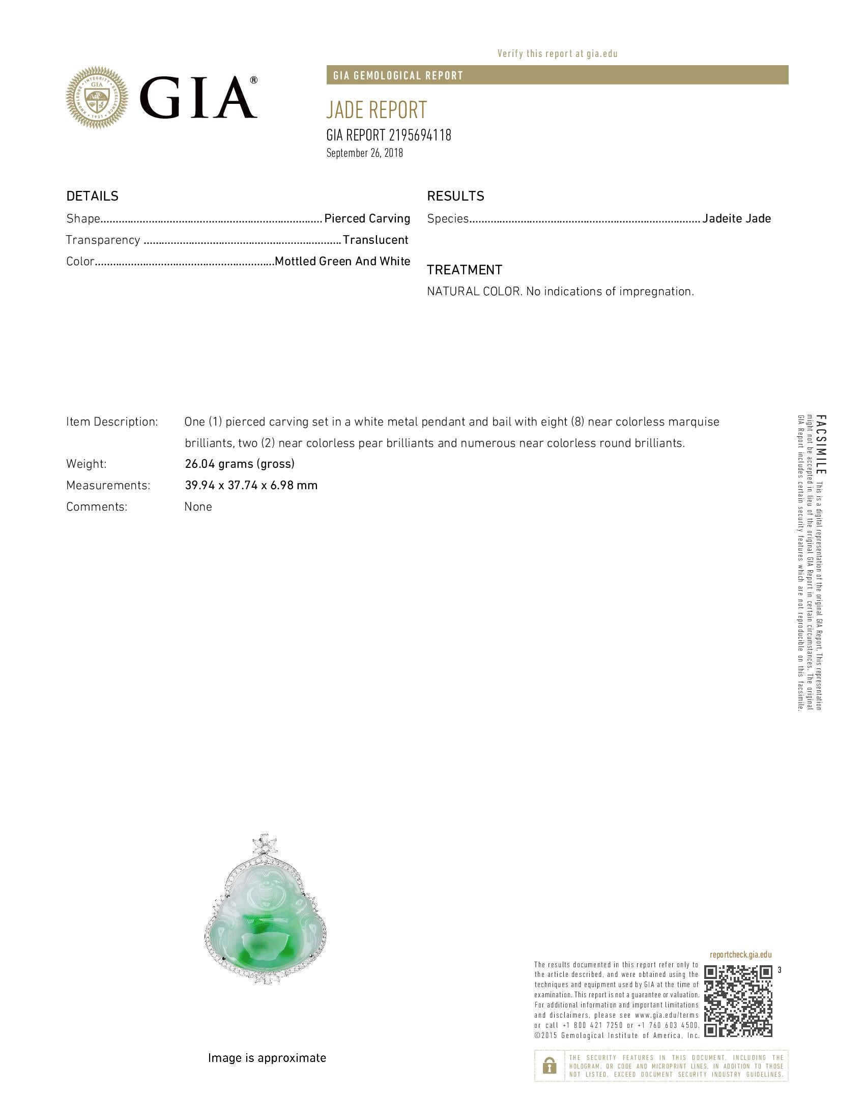 Round Cut Jadeite Buddha Pendant with Diamonds in 18K White Gold For Sale