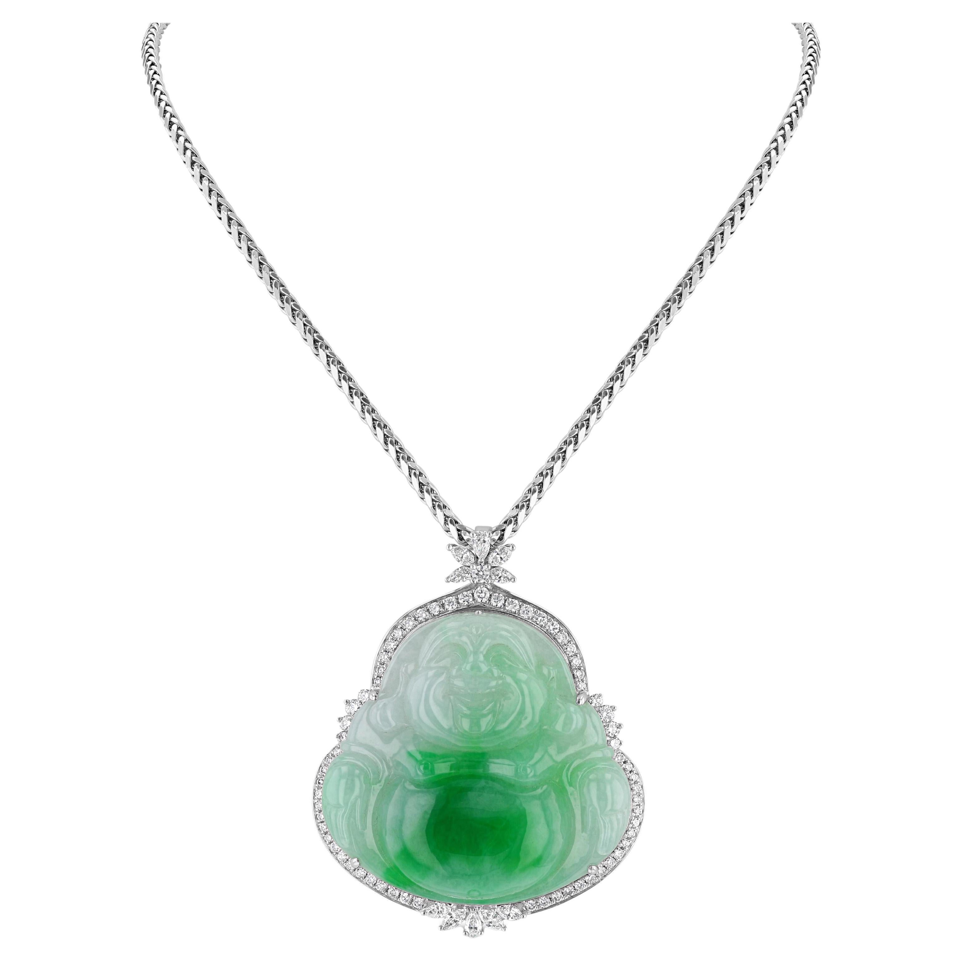 Jadeite Buddha Pendant with Diamonds in 18K White Gold