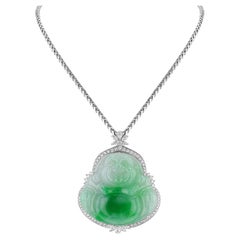 Jadeite Buddha Pendant with Diamonds in 18K White Gold
