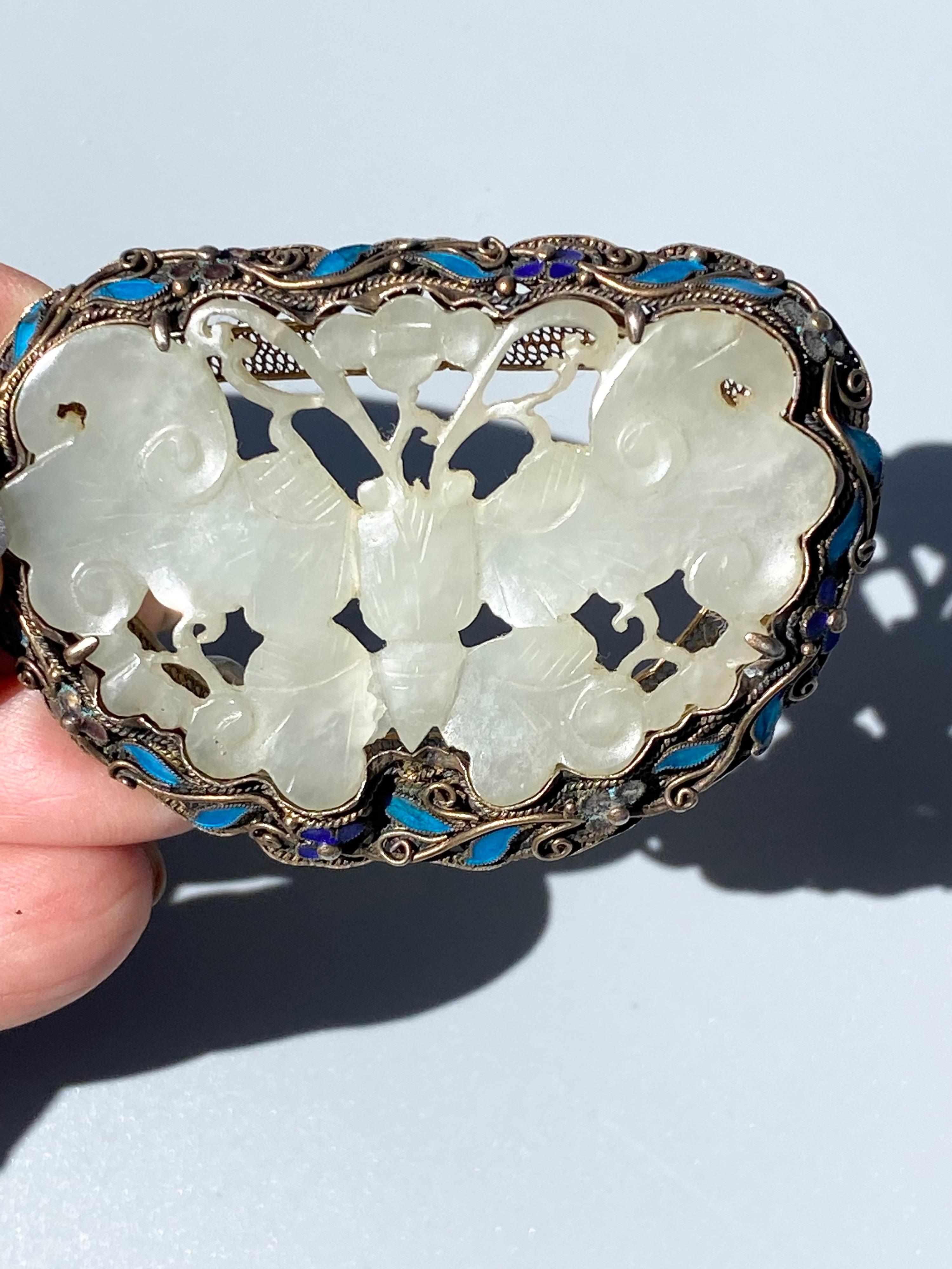 Artisan Jadeite Butterfly Enamel and Lapis Colored Brooch Pin, Circa 1970