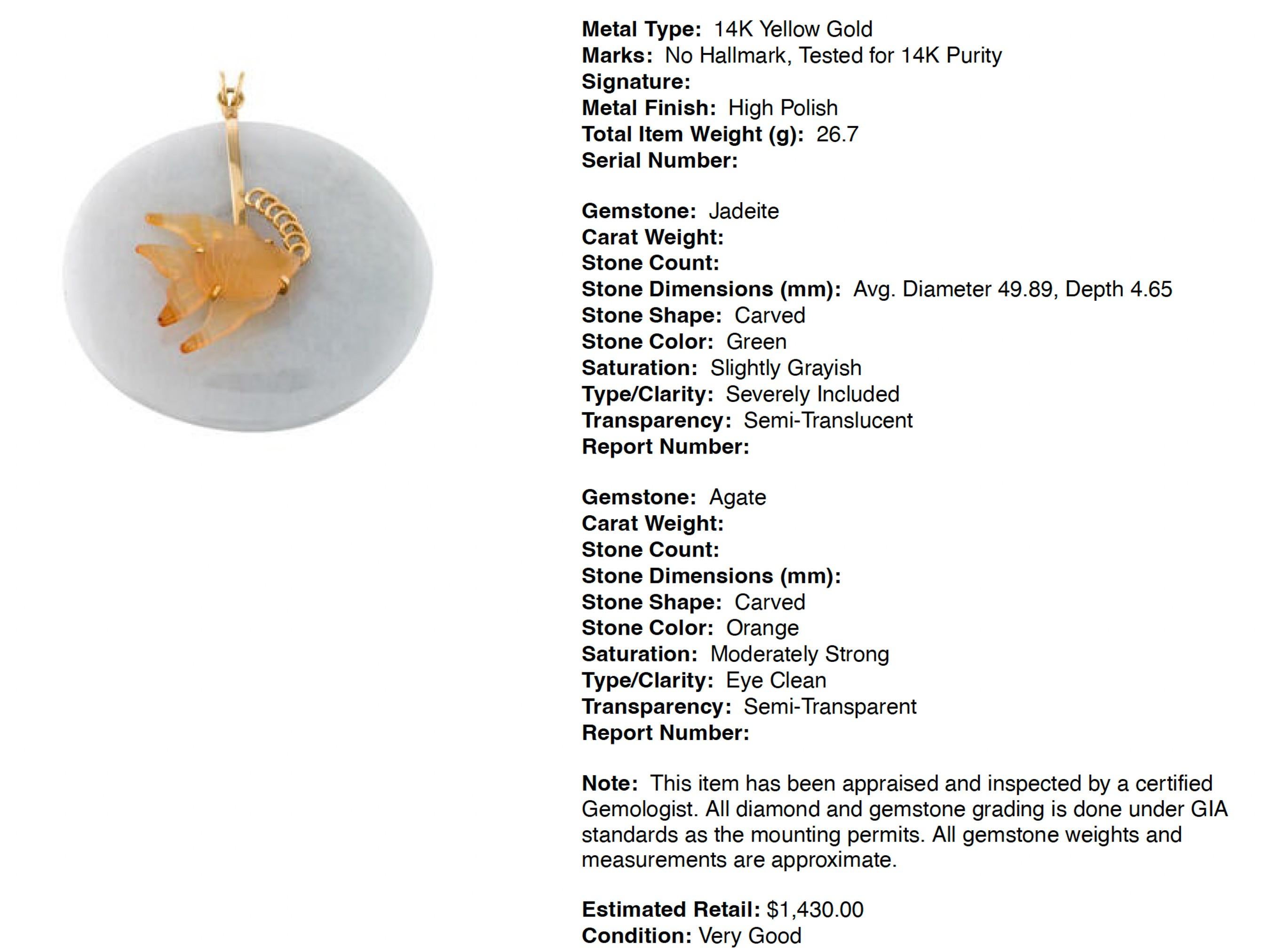 Jadeite Carved Agate 14K Yellow Gold Swimming Angel Fish with Bubbles Pendant In Good Condition For Sale In North Attleboro, MA