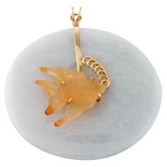 Jadeite Carved Agate 14K Yellow Gold Swimming Angel Fish with Bubbles Pendant