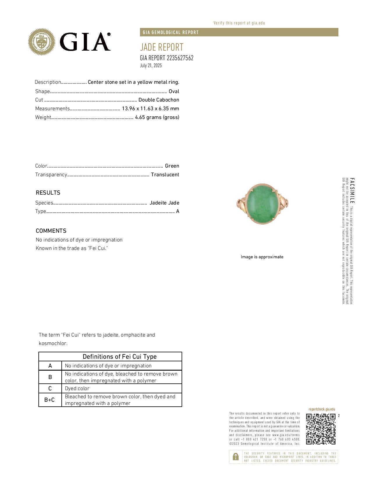 Jadeite Cocktail Solitaire Ring Oval Cabochon 9.30ct GIA For Sale 4
