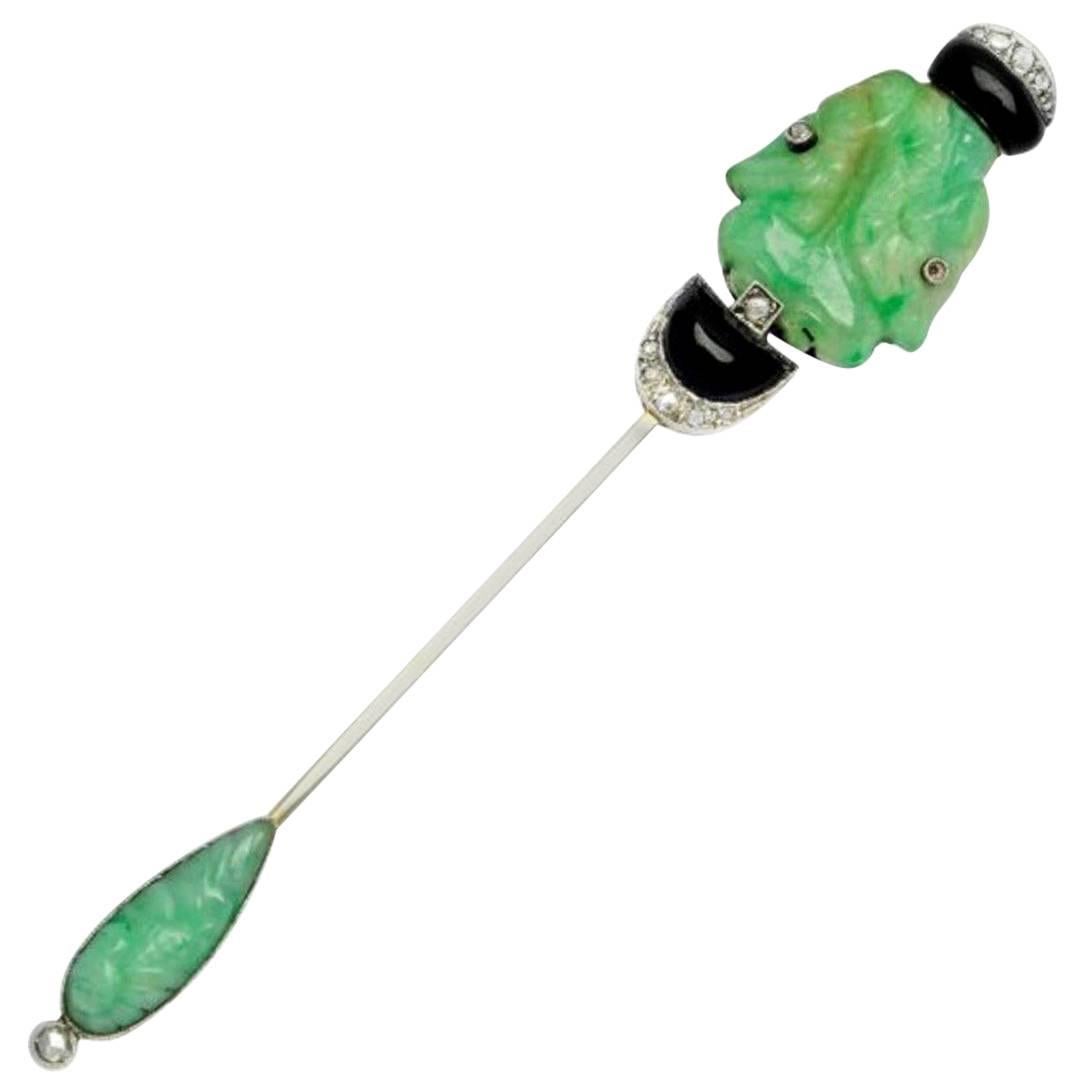 Jadeite, Enamel and Diamond Figural Jabot Pin For Sale