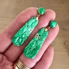 1920s Carved Jadeite Jade & 14K Gold Dangle Earrings, Untreated
