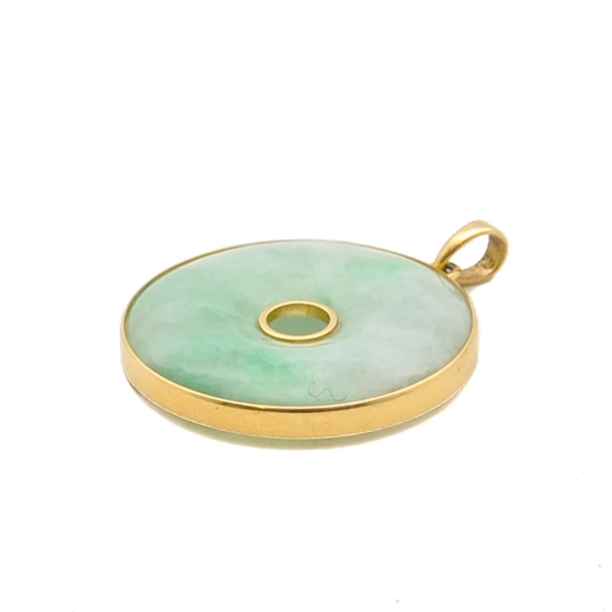 Women's or Men's Jadeite Jade 18K Gold Pi Disc Pendant For Sale