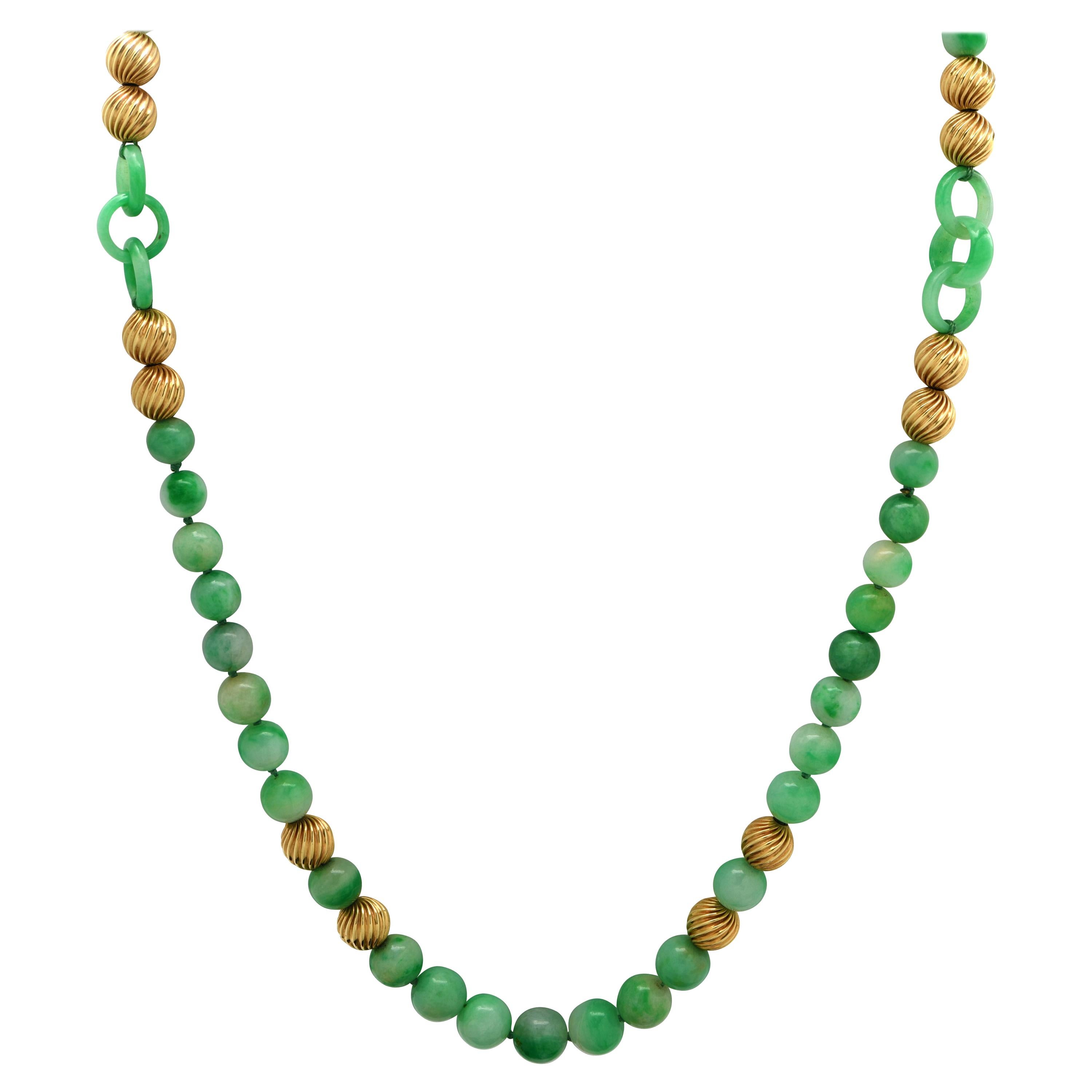 Jadeite Jade and Yellow Gold Bead Necklace