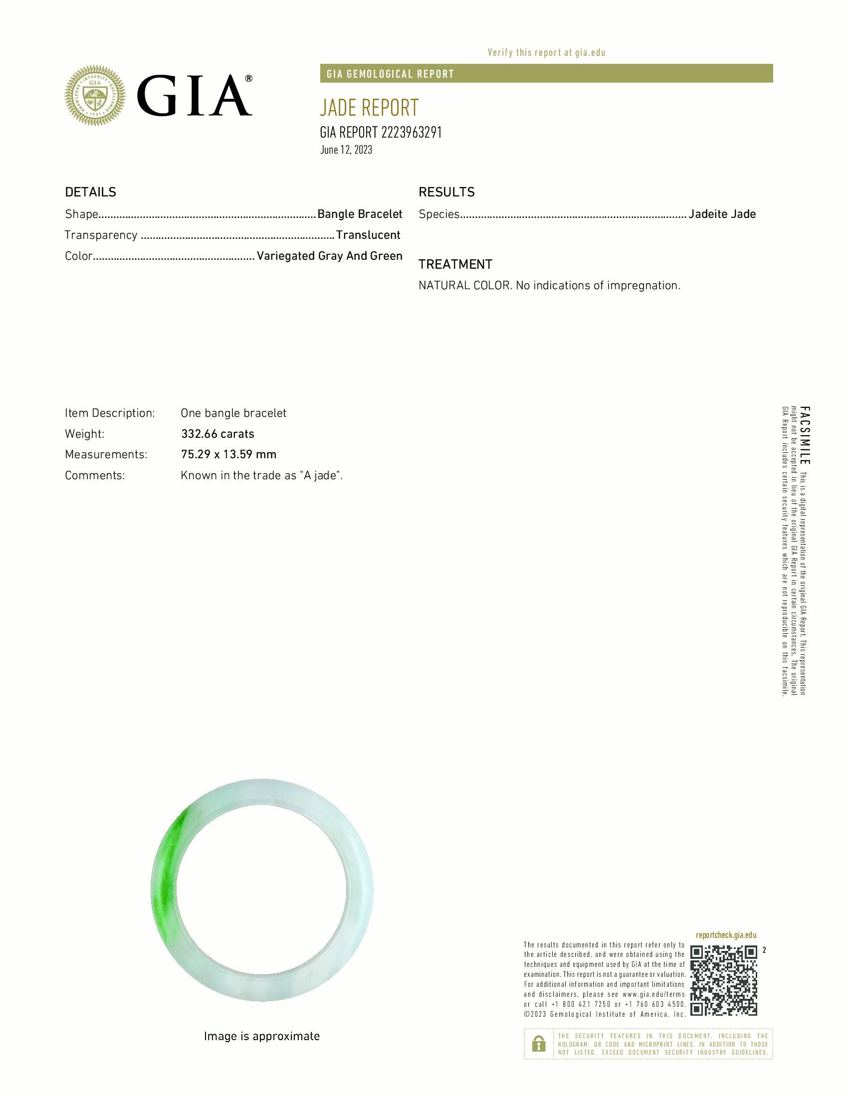 Item #8100 

GIA Certified
Jadeite Jade Bangle 
One bangle bracelet. Natural color. Jadeite Jade - A Grade
Shape: Bangle Bracelet
Weight: 332.66 carats

Representing prosperity, good luck, and safety. Jade bangles can be passed down generations and
