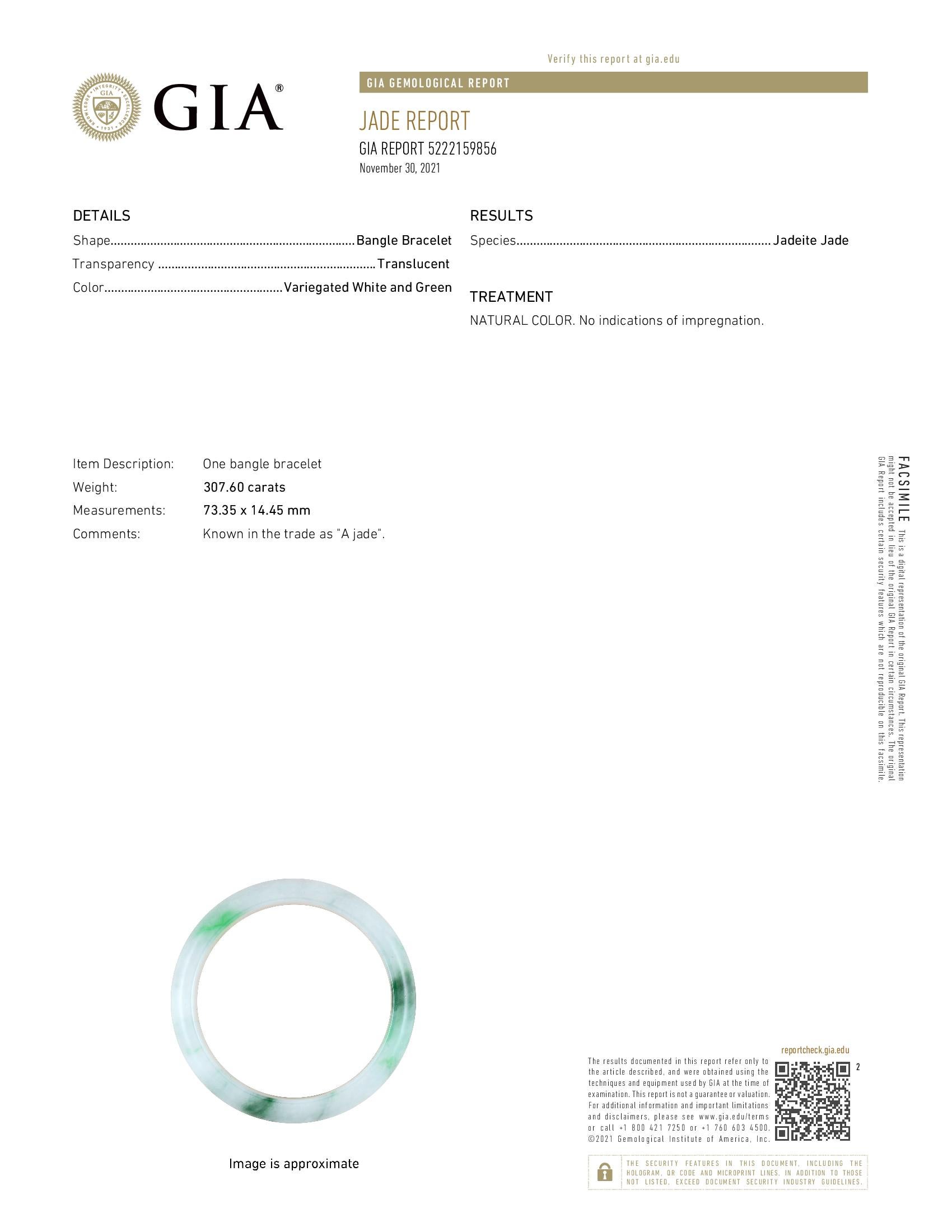 Articolo #9946

Certificato GIA
Bracciale di giada in giadeite 
Un braccialetto bangle. Colore naturale. Giada di giada. 
Forma: Bracciale Bangle 
Peso: 307,60 carati
Rappresenta la prosperità, la fortuna e la sicurezza. I bracciali di giada possono