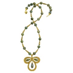 Jadeite Jade Beaded 14k Yellow Gold Necklace with Clover Pendant w/ CoA