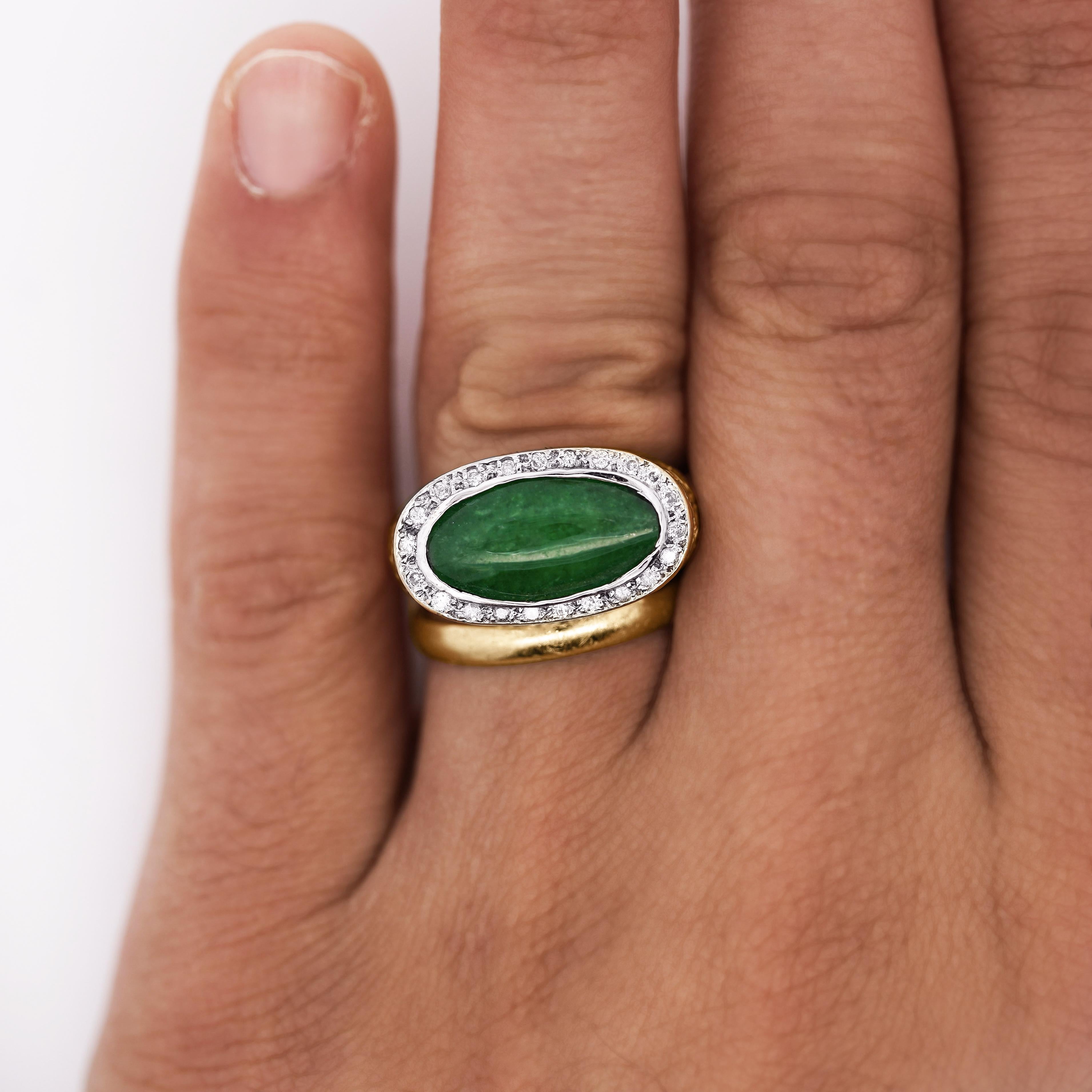 Jadeit Jade Lünette Set & Diamant Pavé in 14K Gold Nugget Ring im Angebot 1
