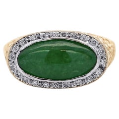 Jadeite Jade Bezel Set & Diamond Pavé in 14K Gold Nugget Ring