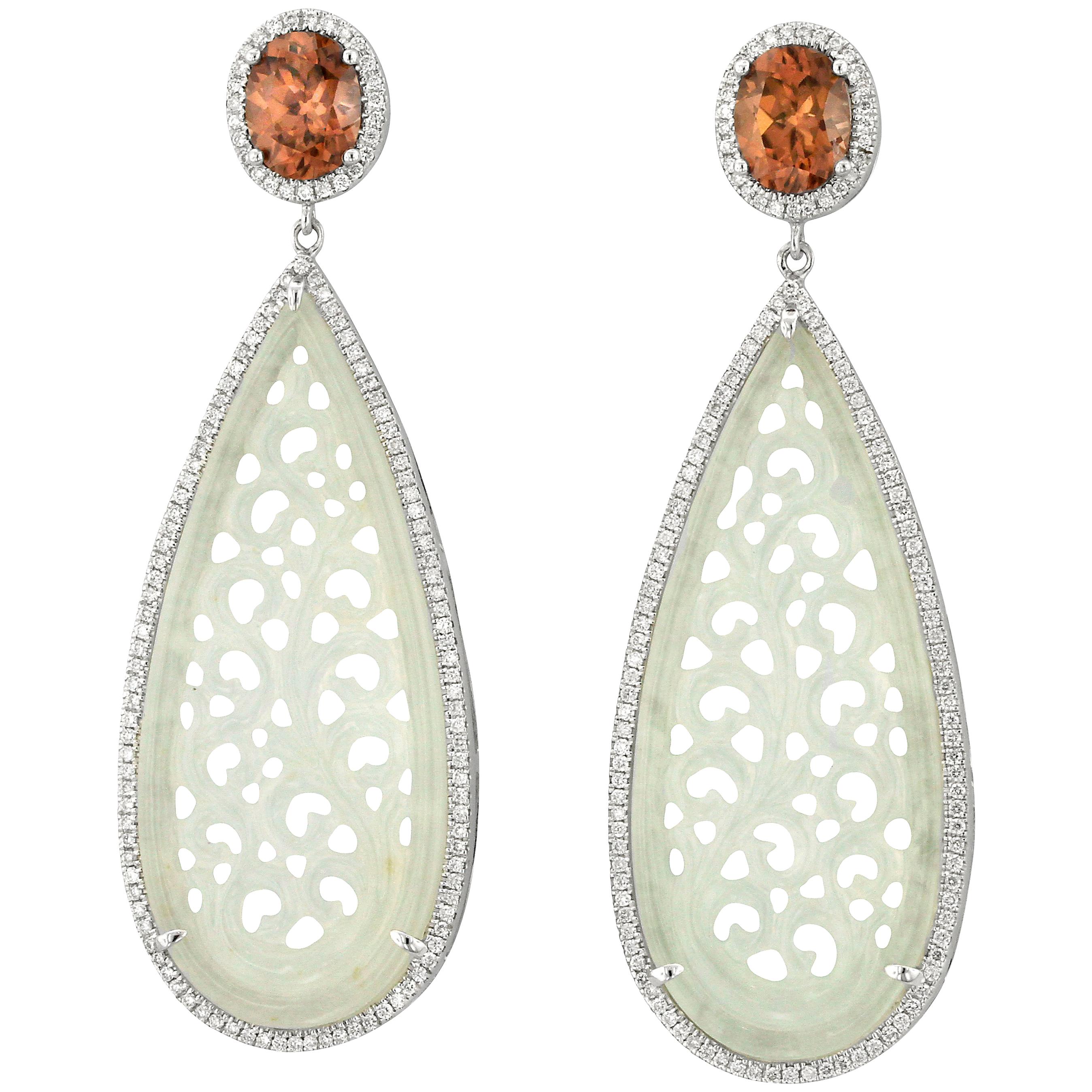 Jadeite Jade Brown Zircon Diamond and White Gold Drop Earrings For Sale