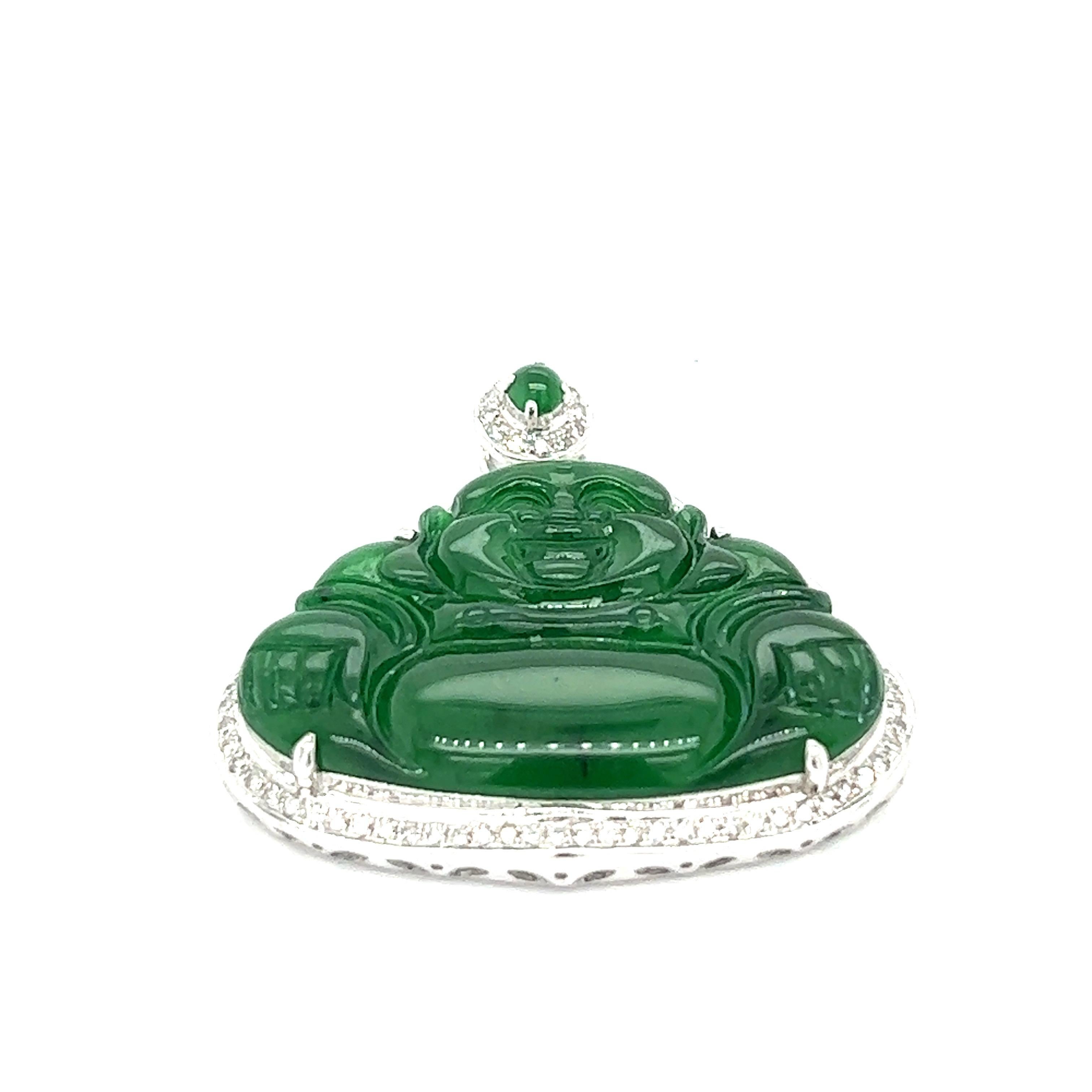 Jadeite Jade Buddha 18k White Gold Pendant

A carving of Buddha made of natural jadeite jade with no dye or impregnation detected, surrounded by round and single-cut diamonds, set on 18 karat white gold. Comes with Mason-Kay certificate.

Size: