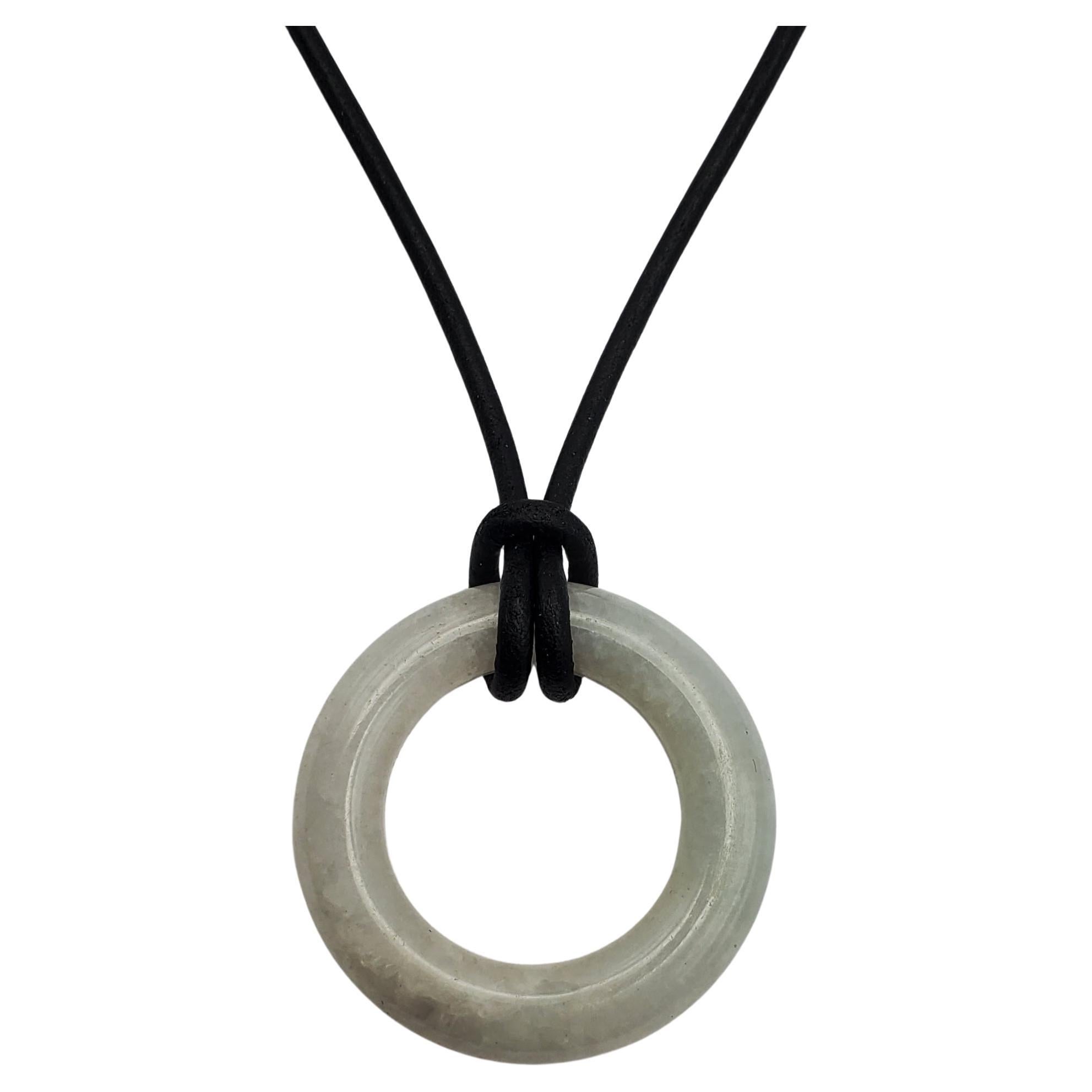 Jadeite Jade Circle Pendant on Sterling Silver/Leather Necklace