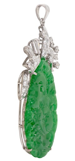 Jadeite Jade Diamond 18K White Gold Carved Dragon Pendant GIA