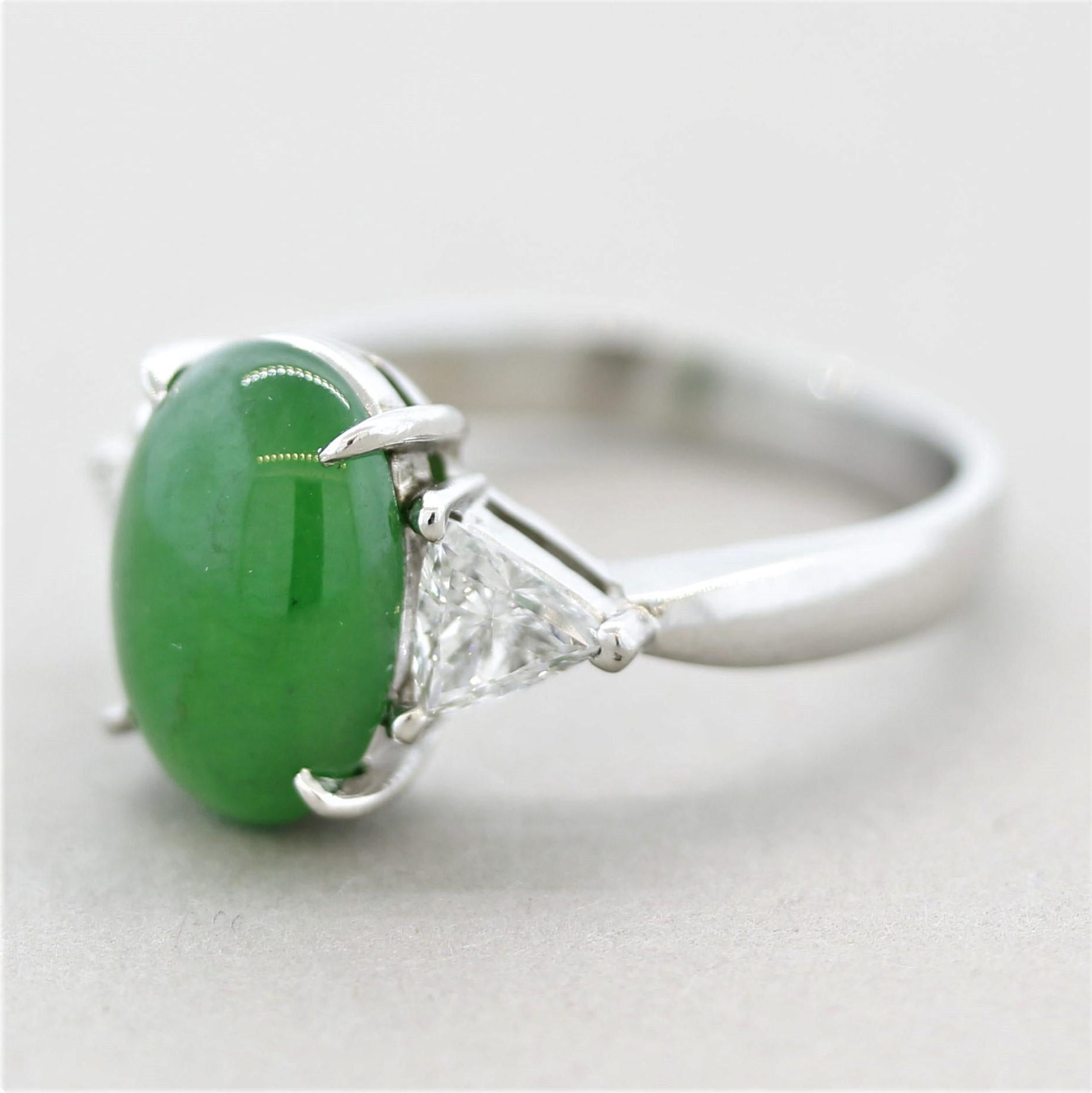 Jadeit Jade Diamant 3-Stein Platin Ring (Gemischter Schliff) im Angebot