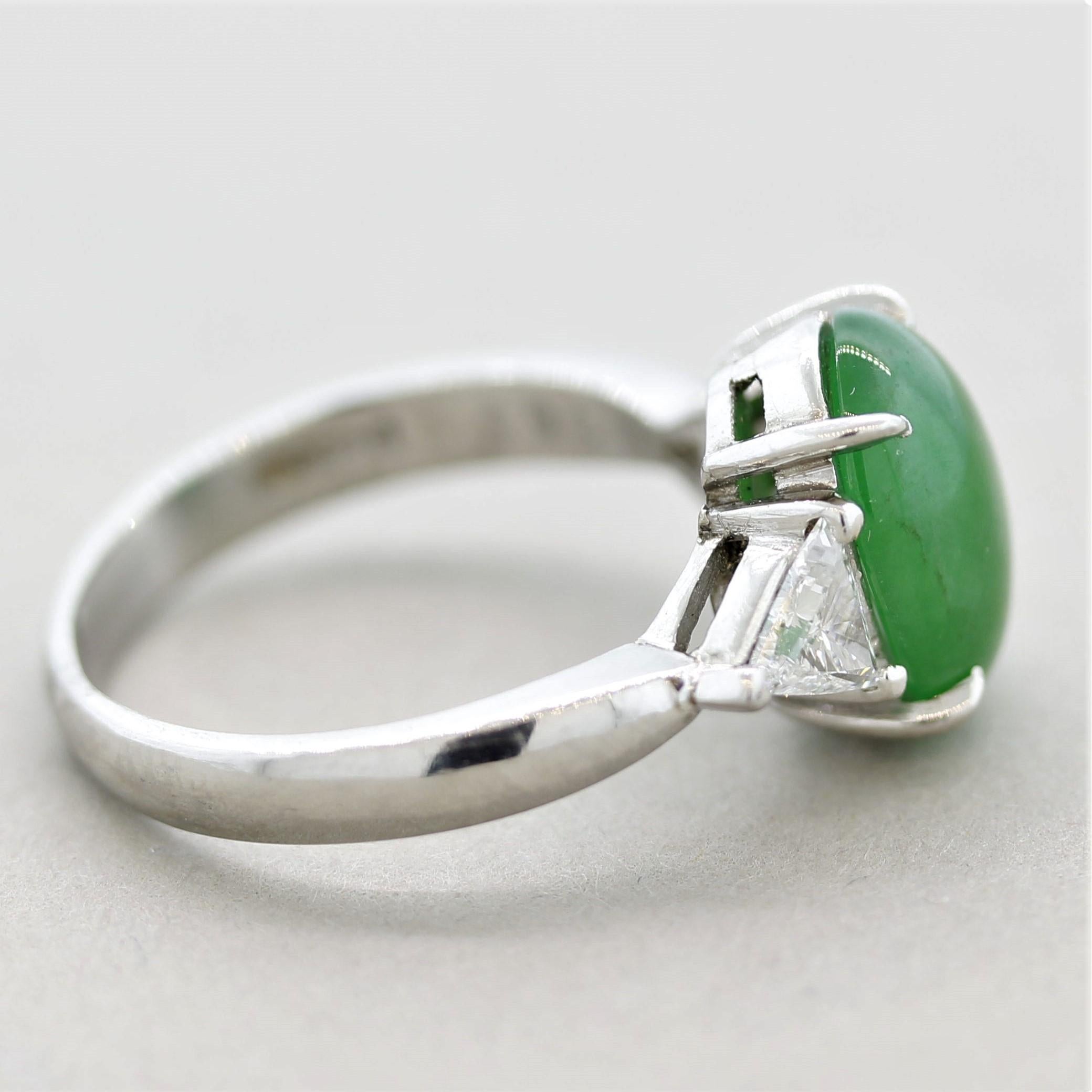 Mixed Cut Jadeite Jade Diamond 3-Stone Platinum Ring For Sale