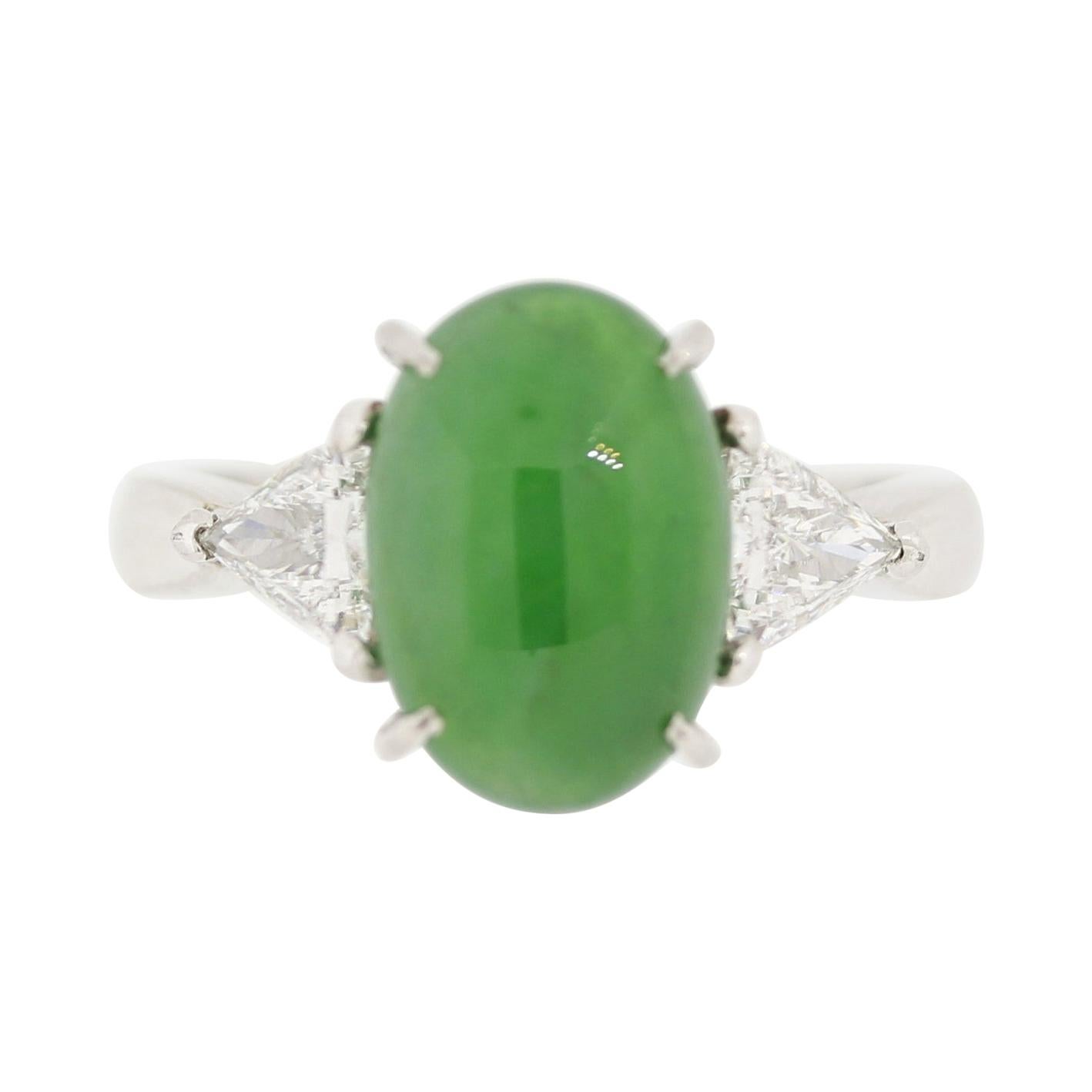 Jadeite Jade Diamond 3-Stone Platinum Ring For Sale