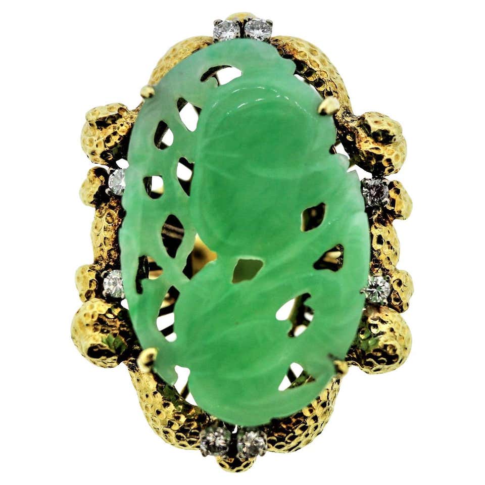 Jadeite Rind Certified Icy Jadeite Jade and Diamond Cocktail Ring, Bird in Golden ...