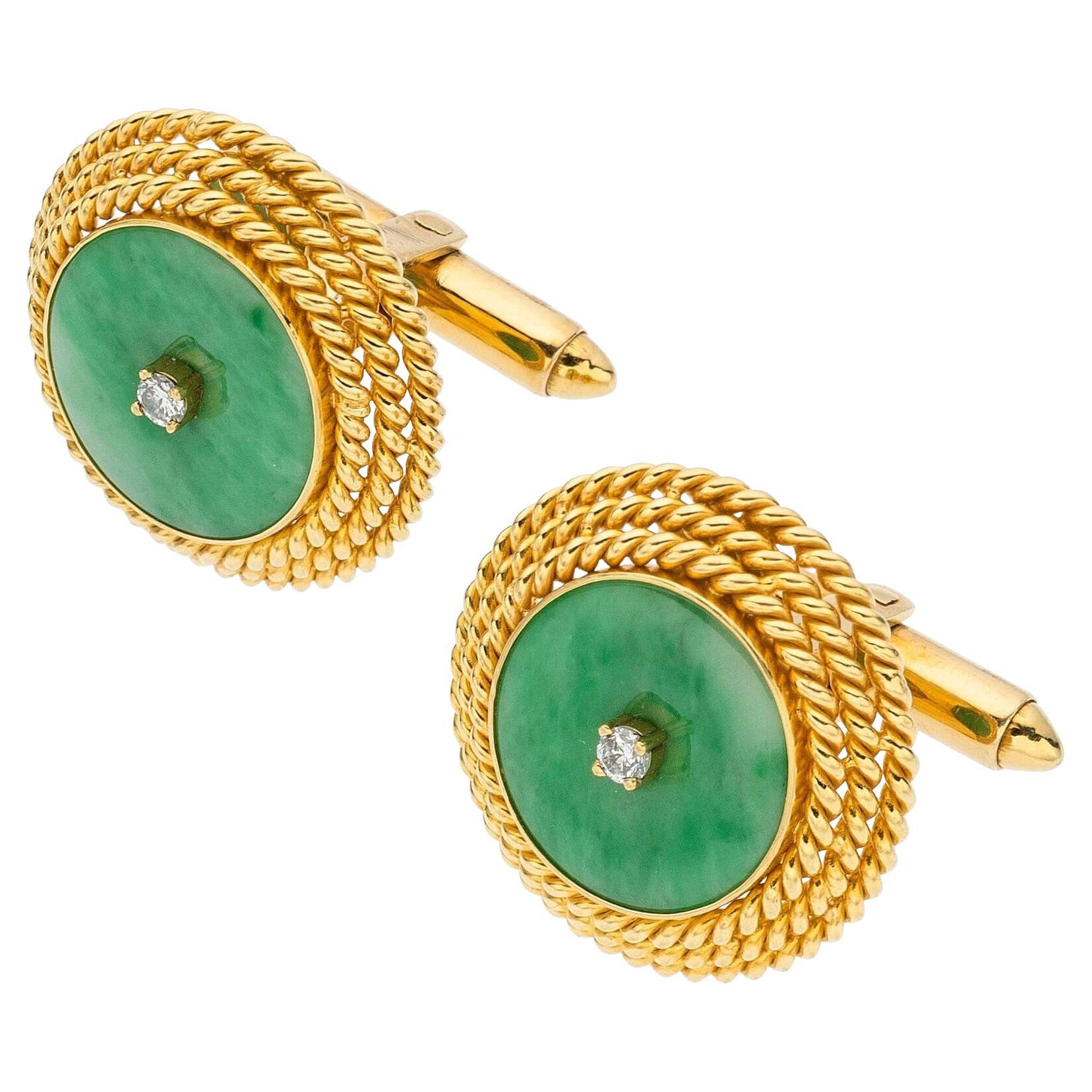 Boutons de manchette en or jaune 18 carats, jadéite et diamants de 0,10 carat