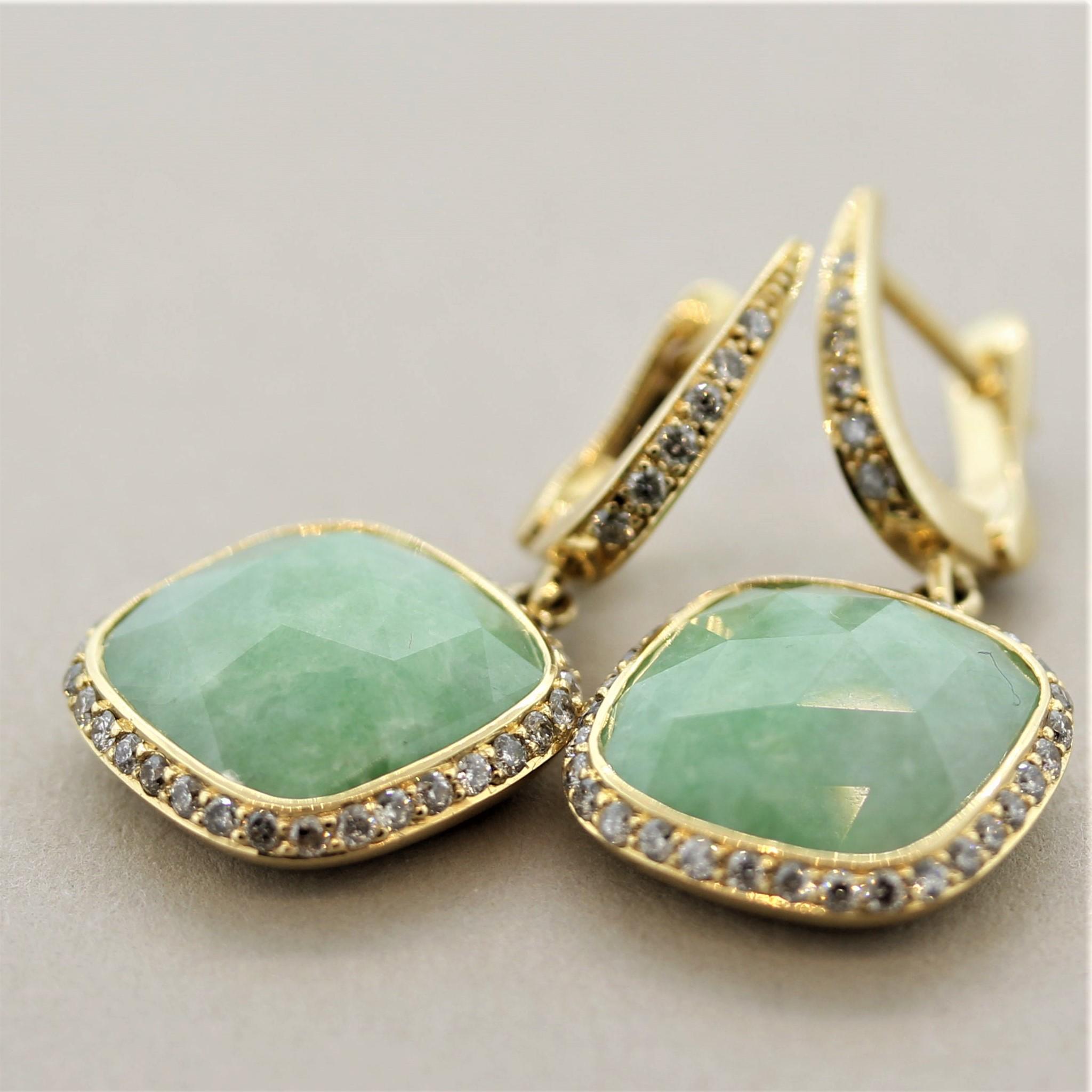 Jadeite Jade Diamond Gold Drop Earrings In New Condition In Beverly Hills, CA