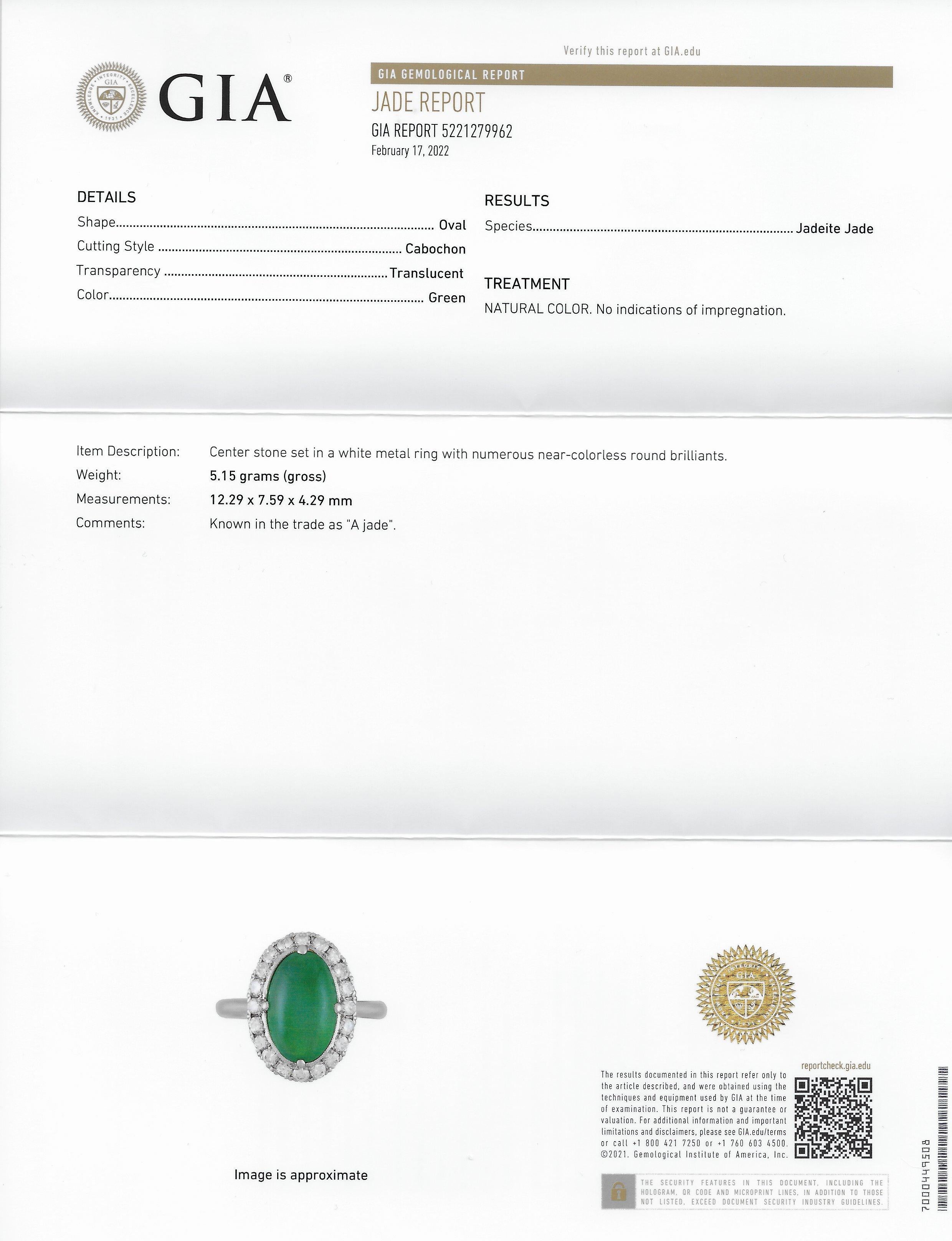 Jadeite Jade Diamond Halo Platinum Cabochon Cluster Ring GIA 4