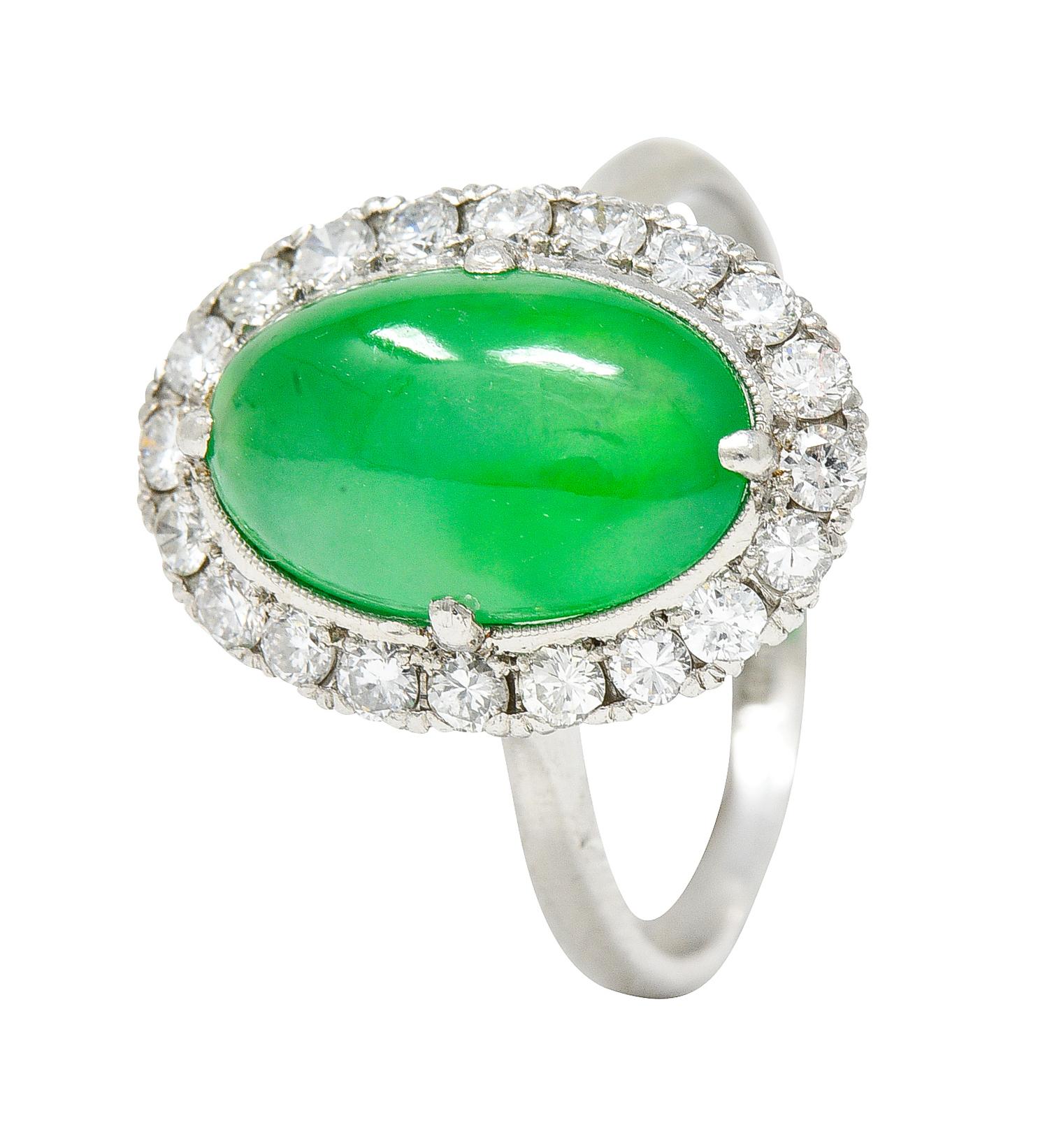 Women's or Men's Jadeite Jade Diamond Halo Platinum Cabochon Cluster Ring GIA