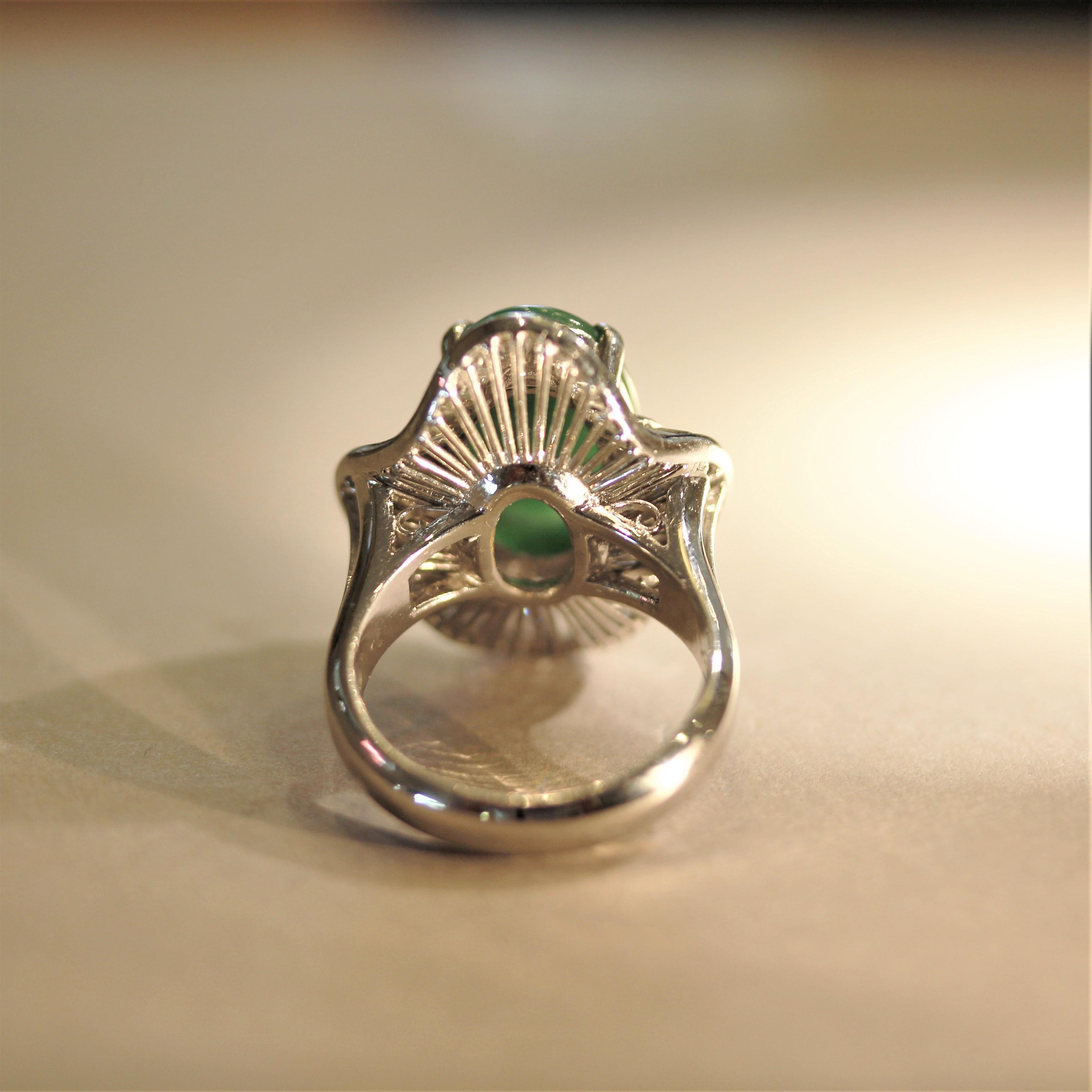 Jadeite Jade Diamond Platinum Ballerina Cocktail Ring In New Condition For Sale In Beverly Hills, CA