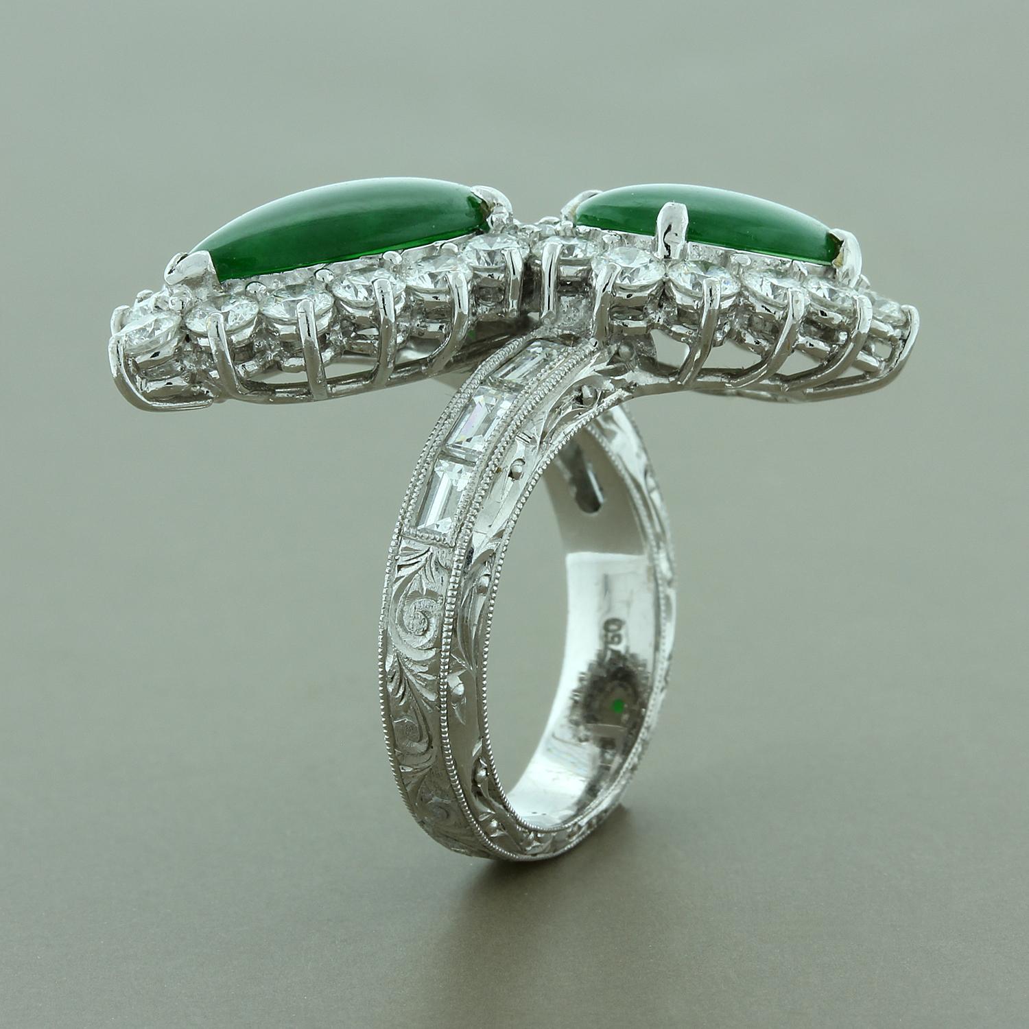 Jadeite Jade Diamond Platinum Bypass Ring, GIA In New Condition For Sale In Beverly Hills, CA