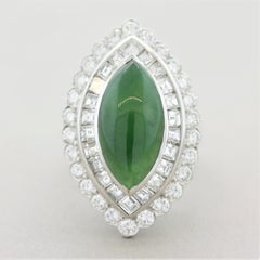 Jadeite Jade Diamond Platinum Navette-Style Cocktail Ring, GIA Certified