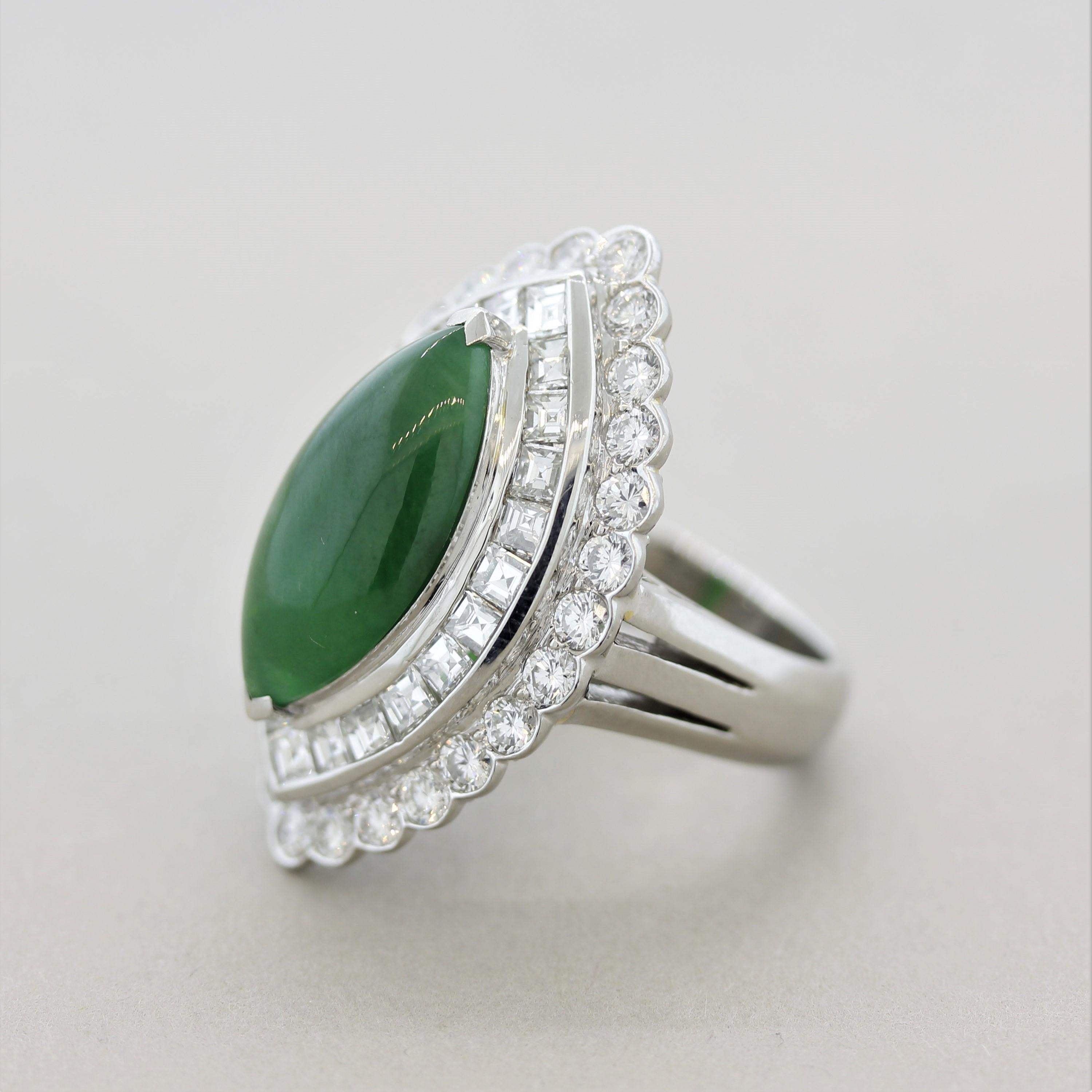 Mixed Cut Jadeite Jade Diamond Platinum Navette-Style Cocktail Ring, GIA Certified For Sale