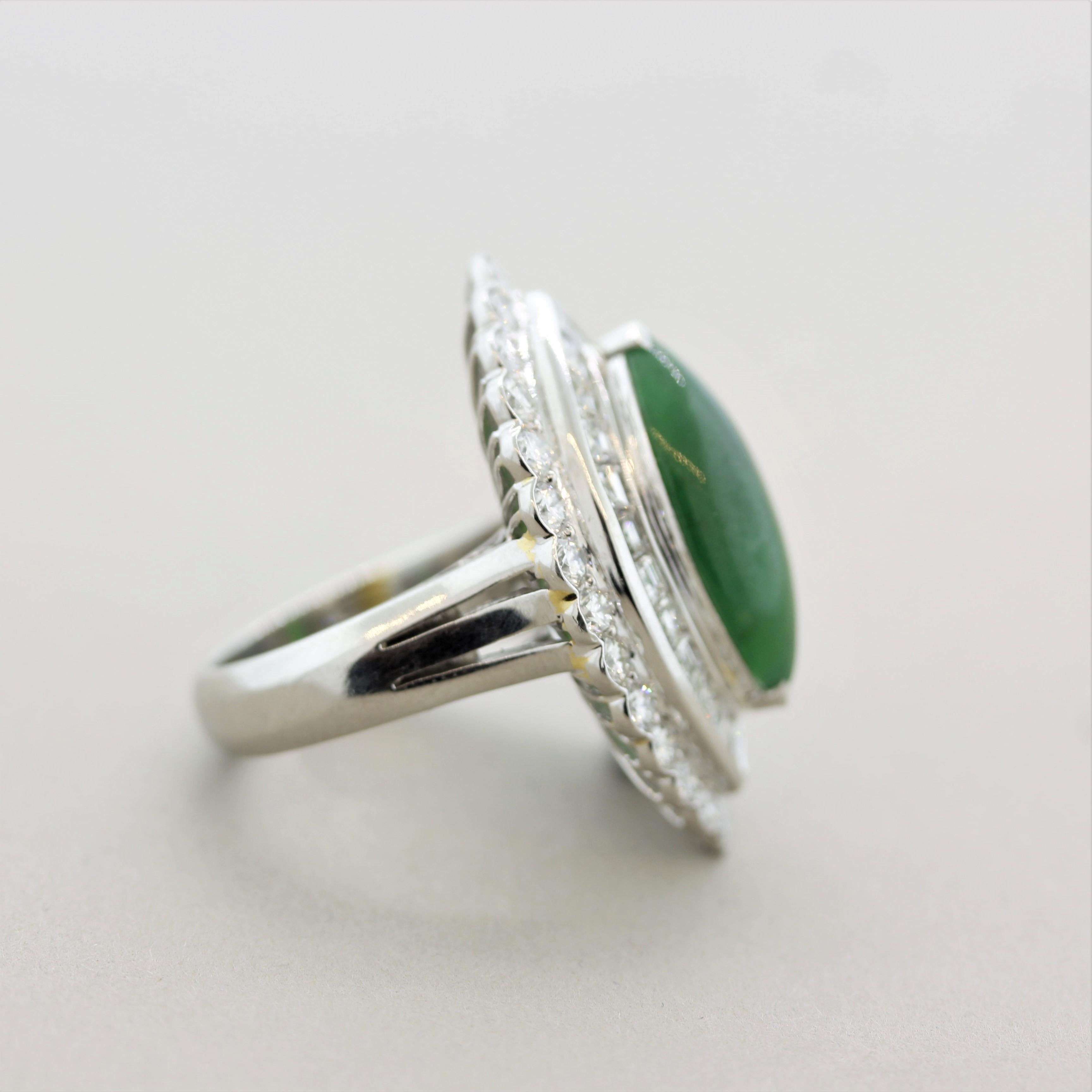 Women's Jadeite Jade Diamond Platinum Navette-Style Cocktail Ring, GIA Certified For Sale