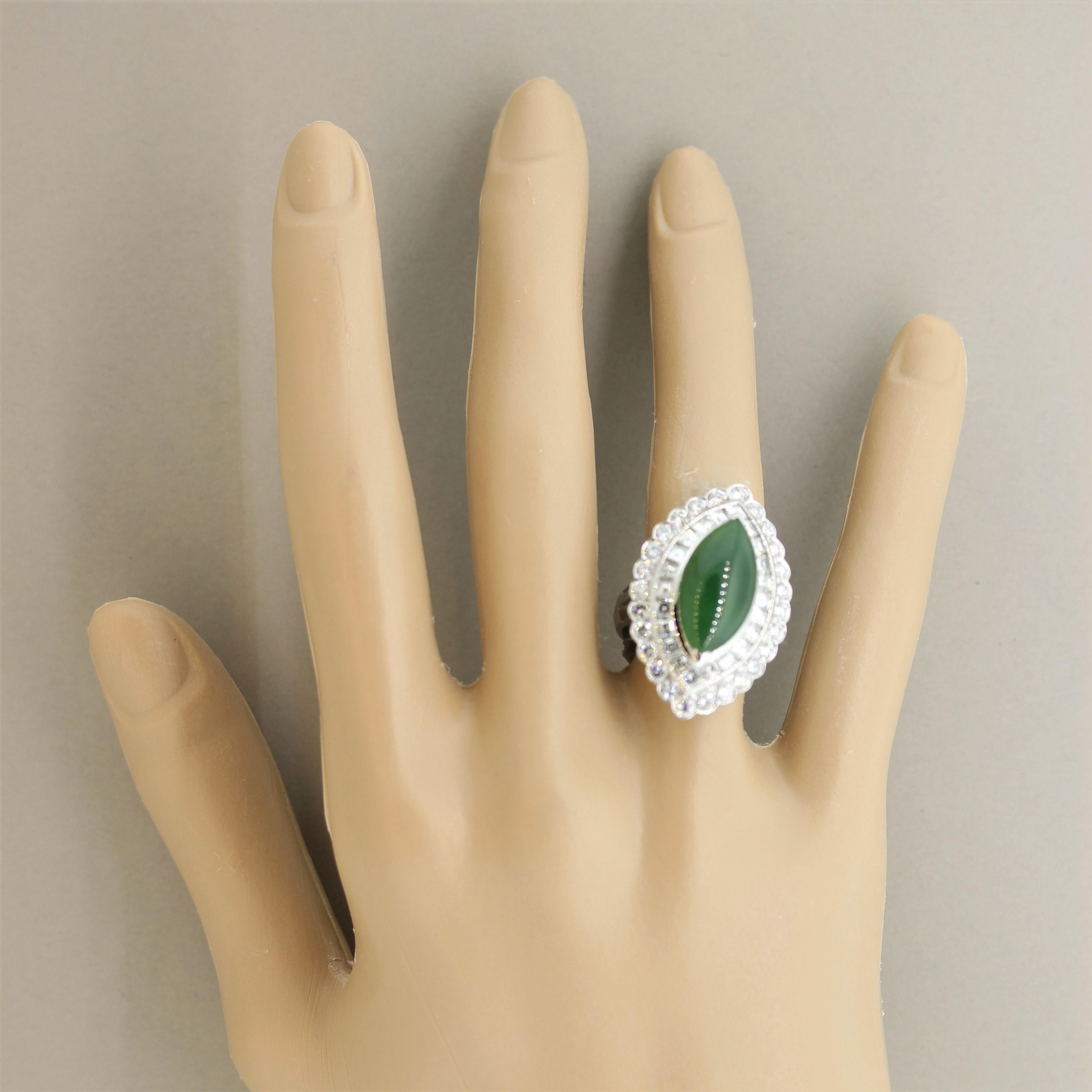 Jadeite Jade Diamond Platinum Navette-Style Cocktail Ring, GIA Certified For Sale 1