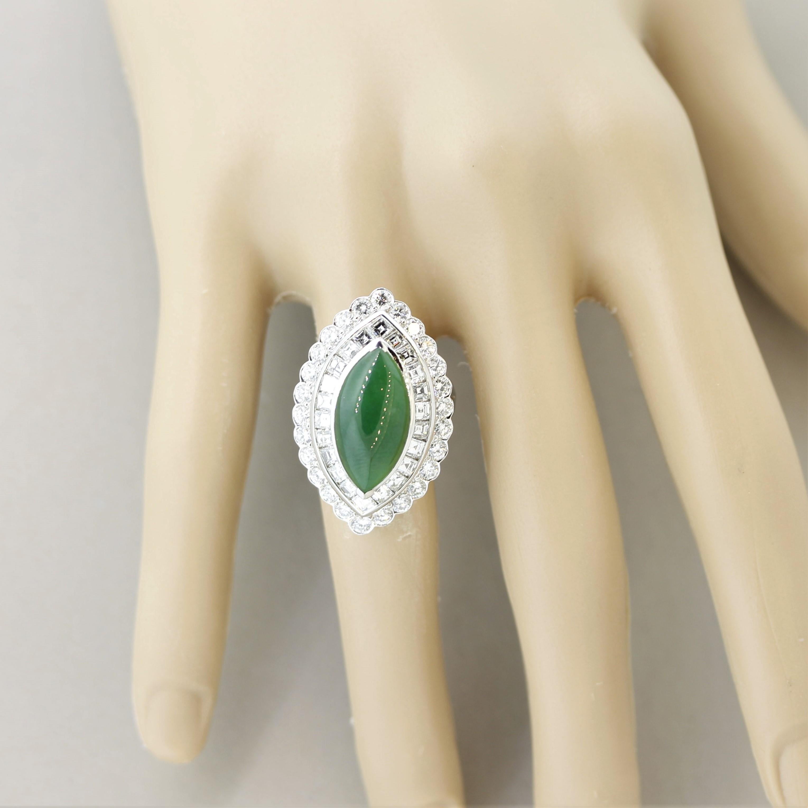 Jadeite Jade Diamond Platinum Navette-Style Cocktail Ring, GIA Certified For Sale 2